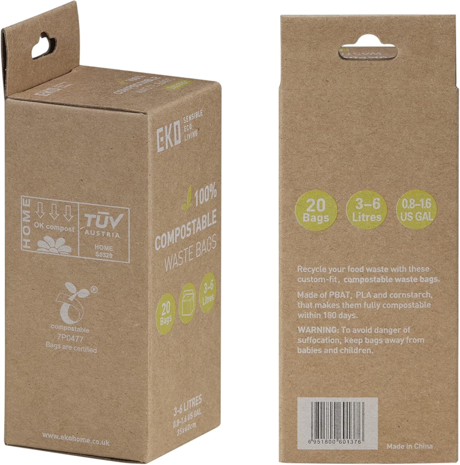 EKO Compostable Bin Liners For Food Waste Caddies - 3-6 Litre Capacity, 20 Bags, White 2