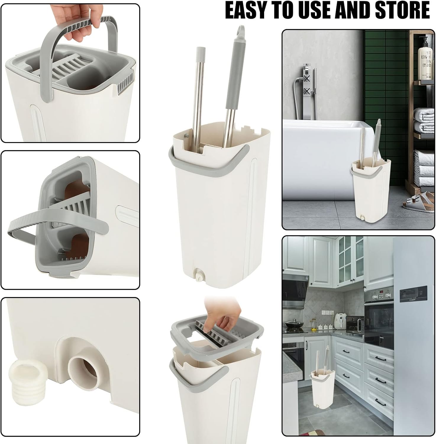 ASelected - Flat Mop and Bucket Set with Hands-Free Squeeze, 10 Reusable Microfiber Pads, Stainless Steel Handle 5