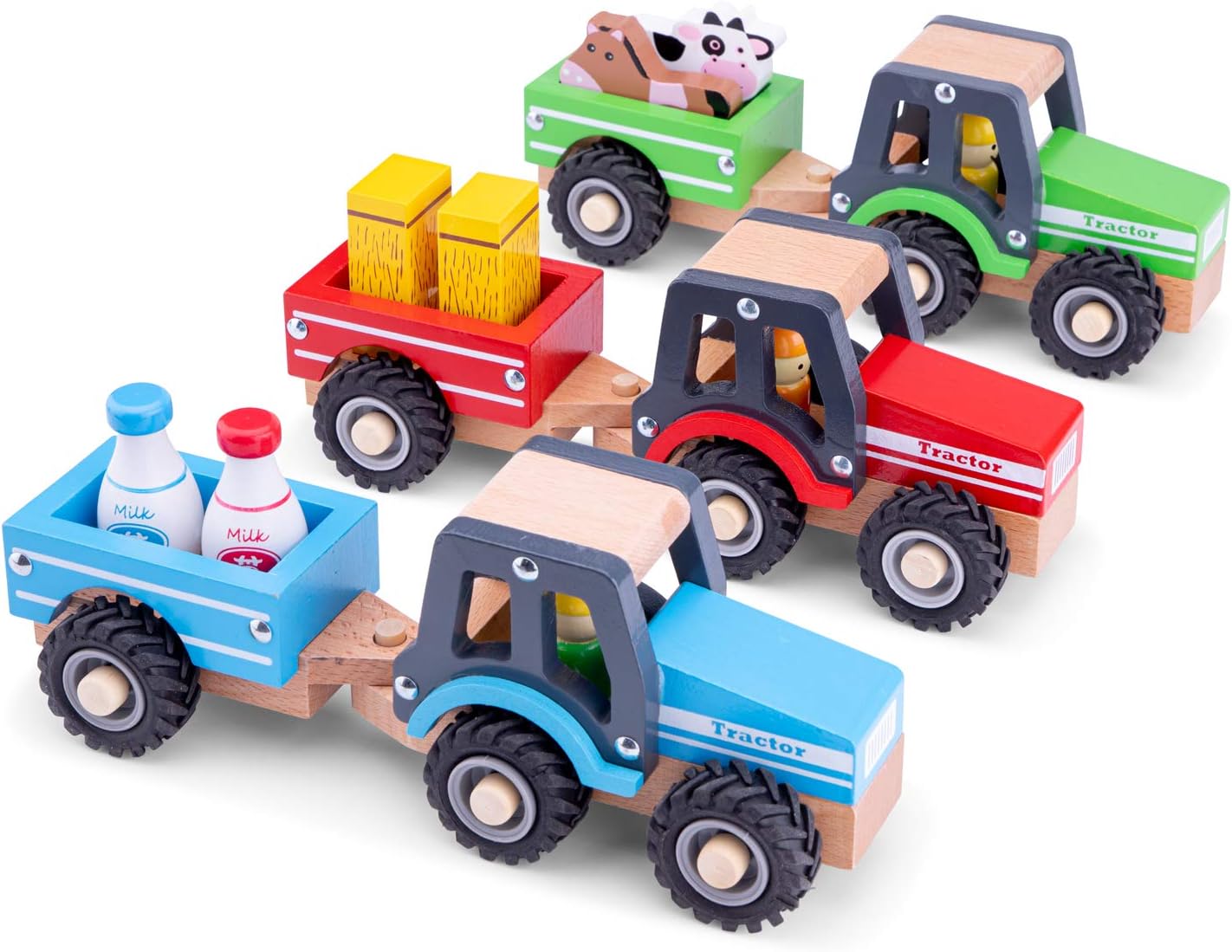 New Classic Toys Wooden Tractor with Trailer and Hay Stacks - Educational Farm Vehicle for Toddlers 18 Months+ 4