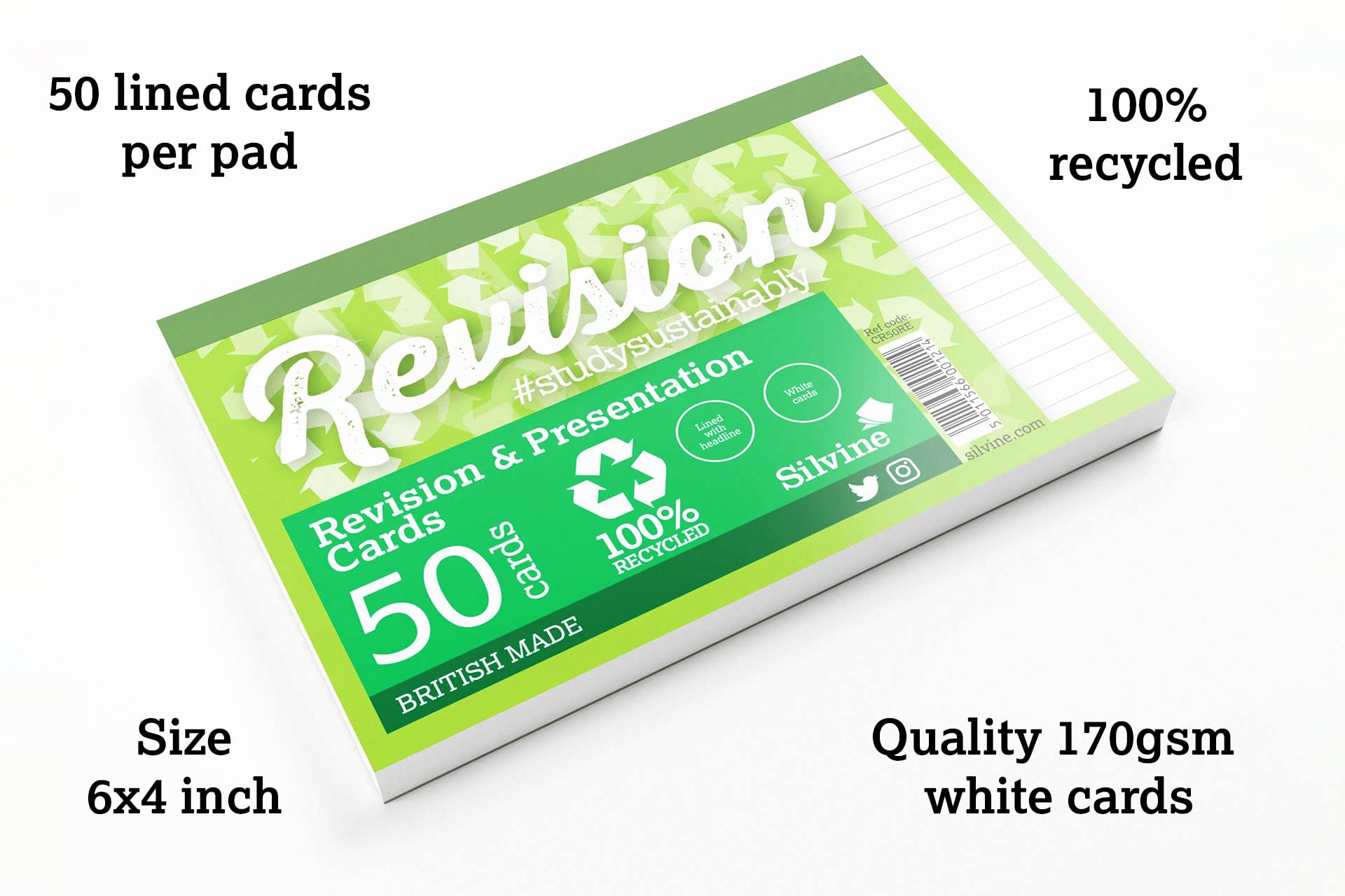 Silvine Luxpad Revision A6 Recycled Flash Cards - Lined (50 Cards) White