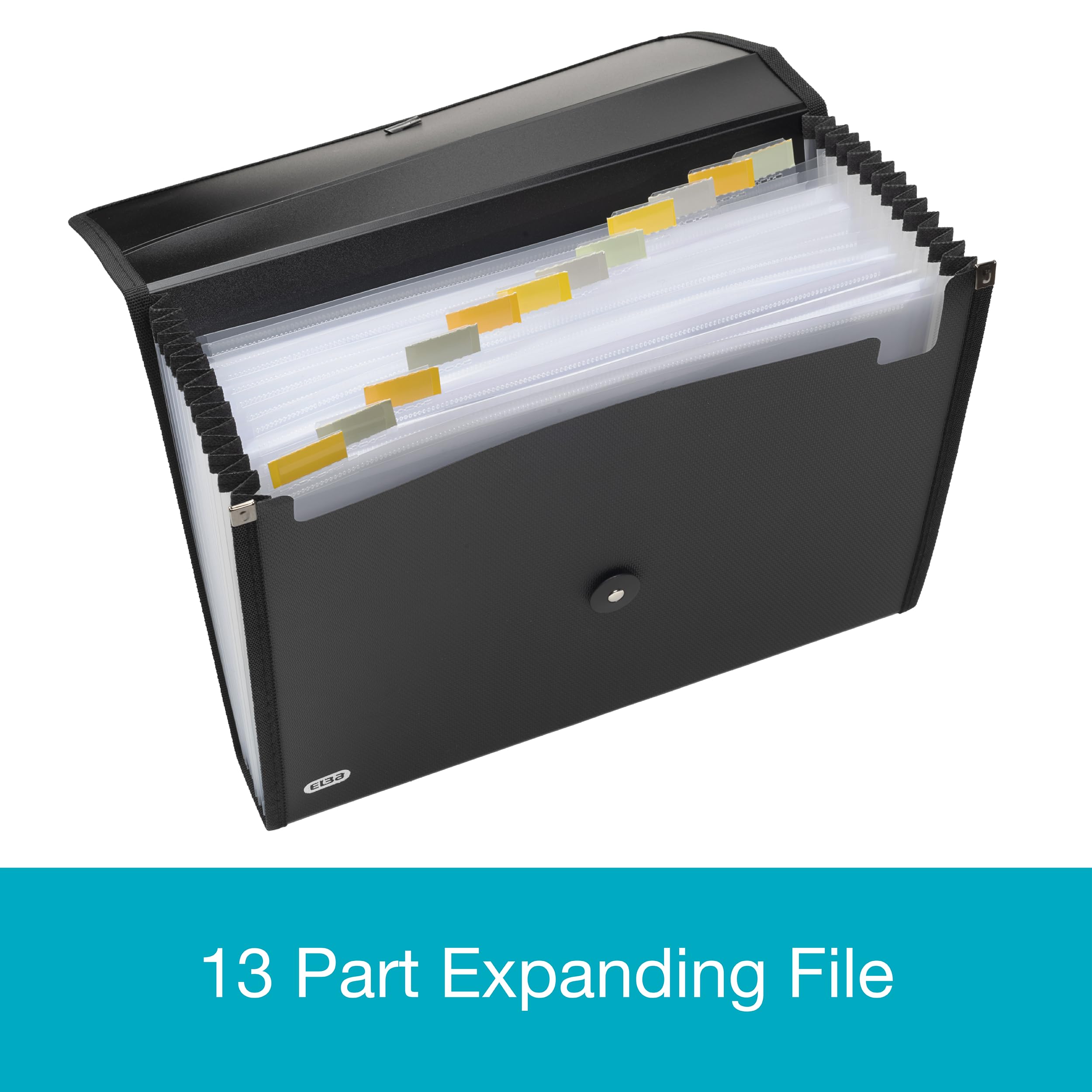 Elba A4 Expanding File Folder - 13 Pockets, Black Plastic Accordion Organizer | 300 Sheet Capacity