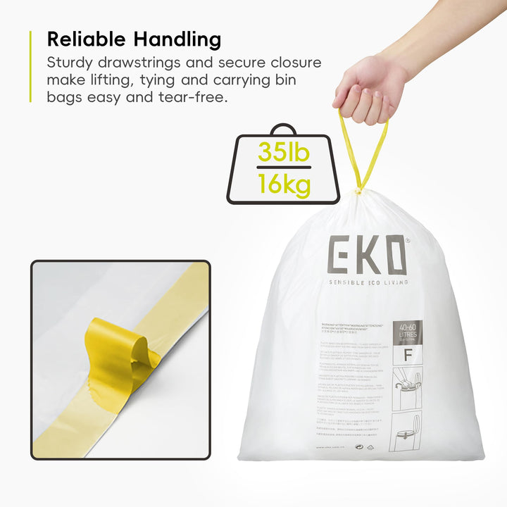 EKO Extra Strong Drawstring Bin Liners for 40-60L Kitchen Bins - 12 Pack White Trash Bags