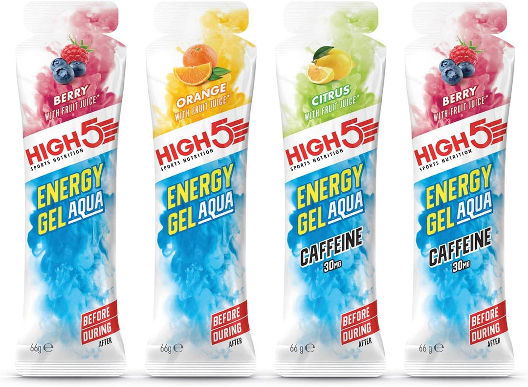 HIGH5 Mixed Energy Gel Aqua Taster Pack - 15x66g with Caffeinated & Non-Caffeinated Gels in Berry, Citrus, and Orange Flavors