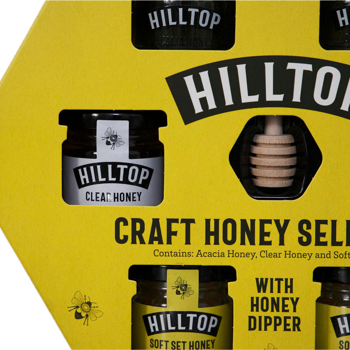 Hilltop Craft Honey Selection Box | 6 x 28g Jars with Wooden Honey Dipper