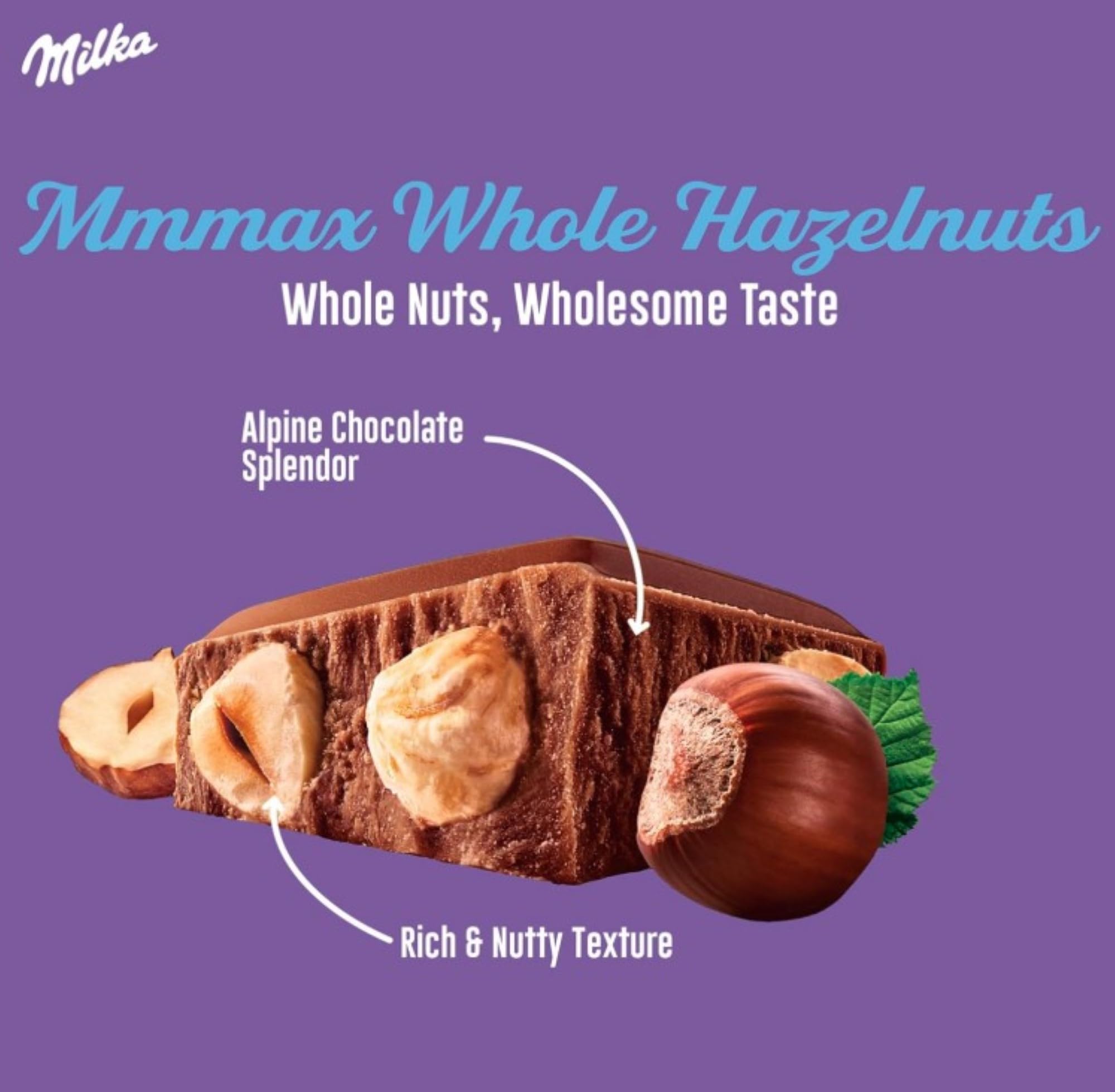 Milka Mmmax Alpine Milk Chocolate with Whole Hazelnuts, 250 g Bar 4