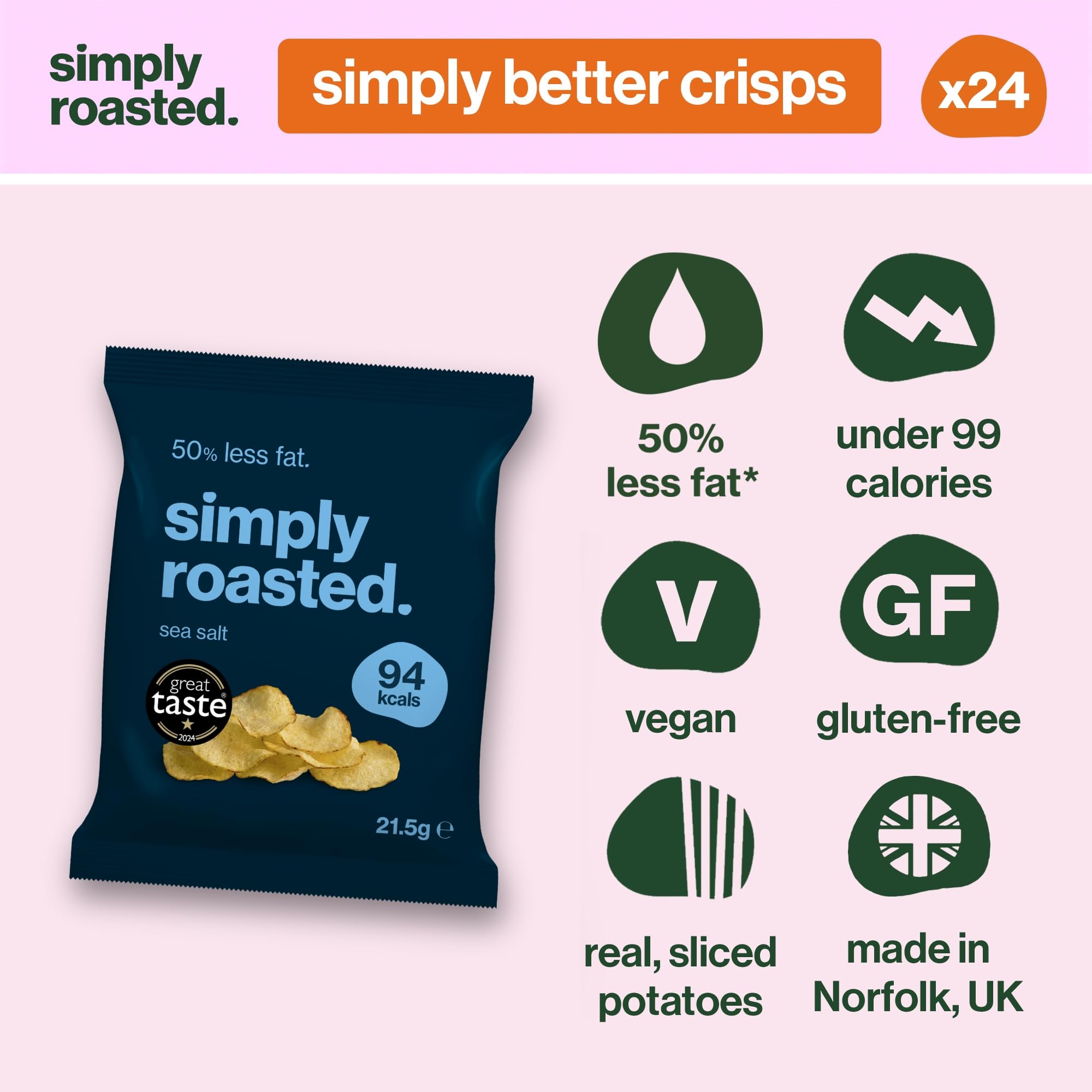Simply Roasted Sea Salt Crisps - 24 Pack Multipack | 50% Less Fat | Under 99 Calories