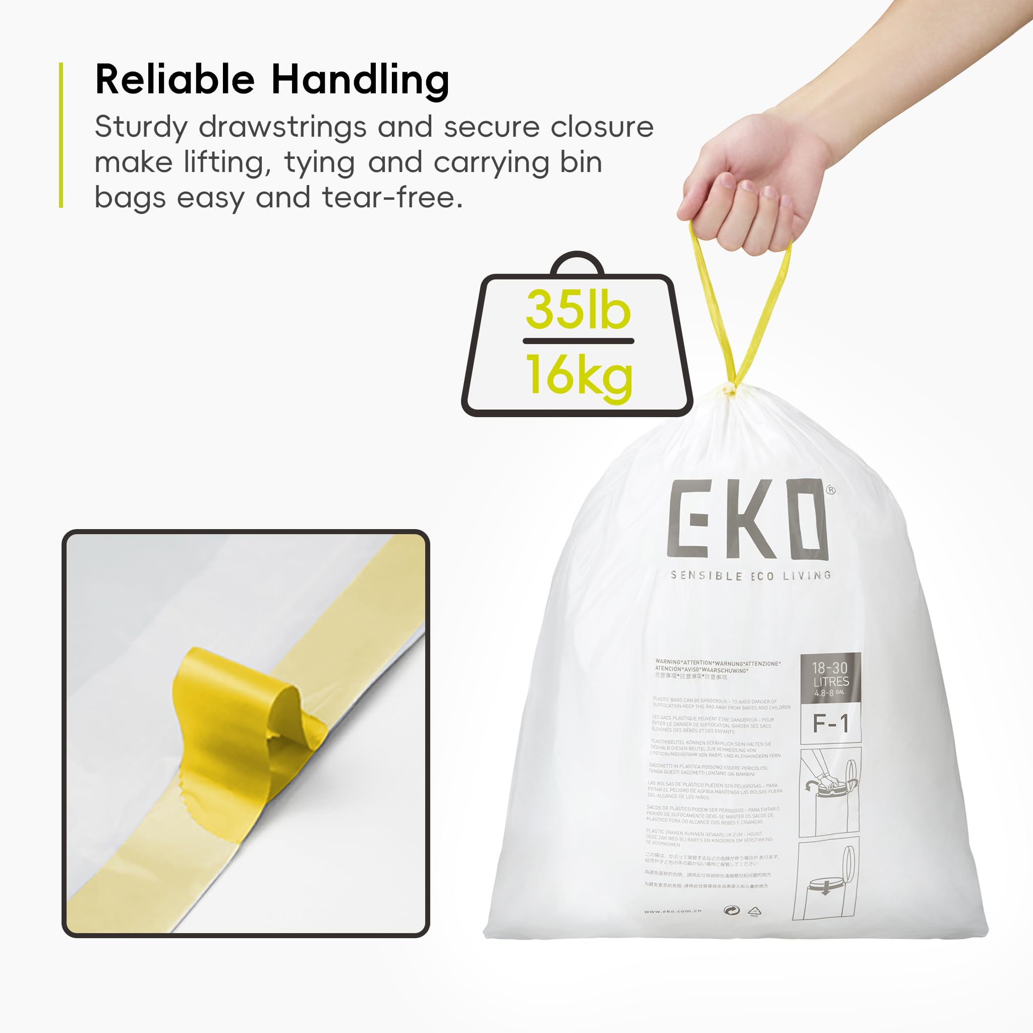 EKO Heavy Duty 18-30L Drawstring Bin Bags, Leakproof & Tear-Resistant Kitchen Bin Liners, 49 x 70 cm, 20 Count, Code F-1 6