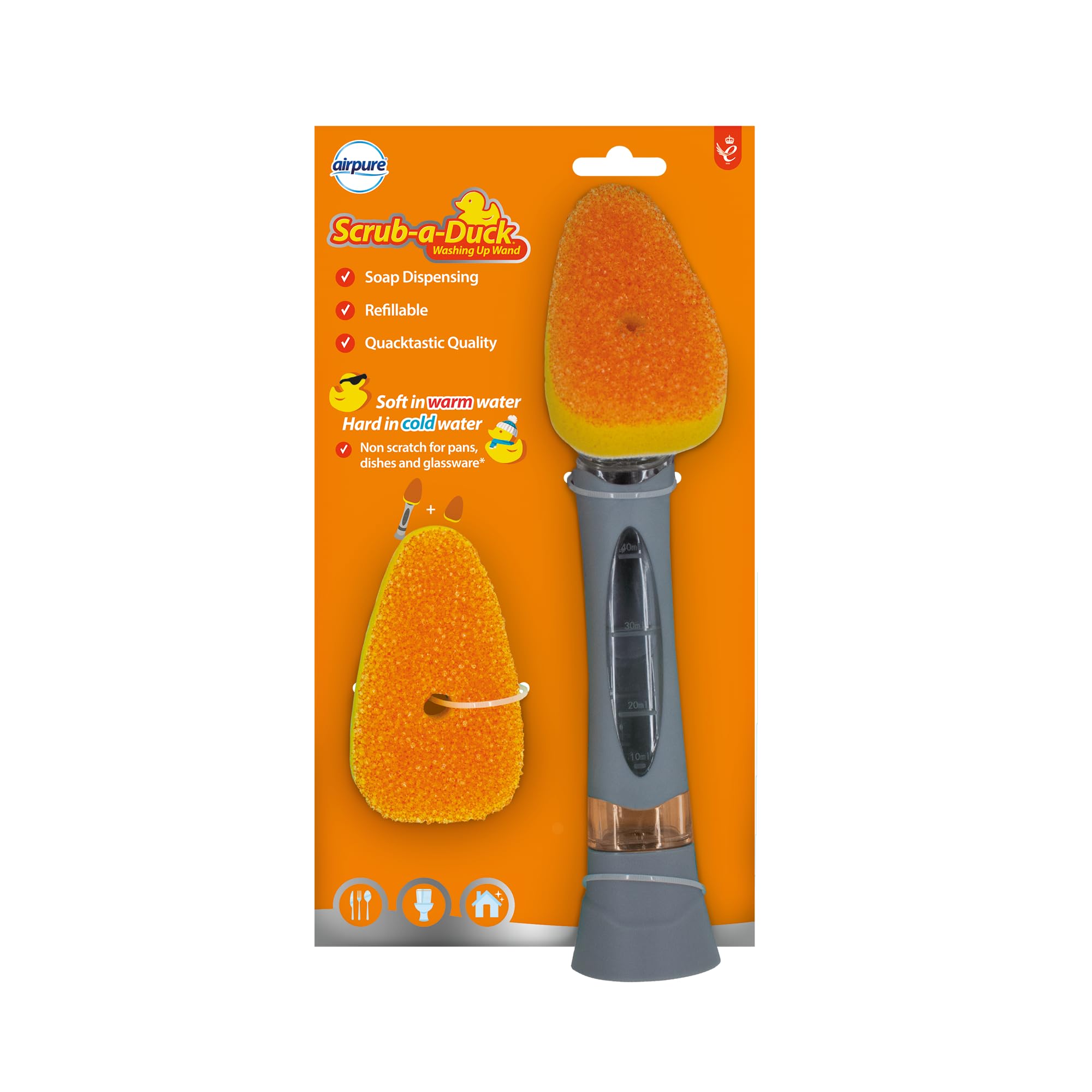 airpure Scrub-a-Duck Washing Up Wand - Soap Dispensing | Refillable Head | Non-Scratch Cleaning