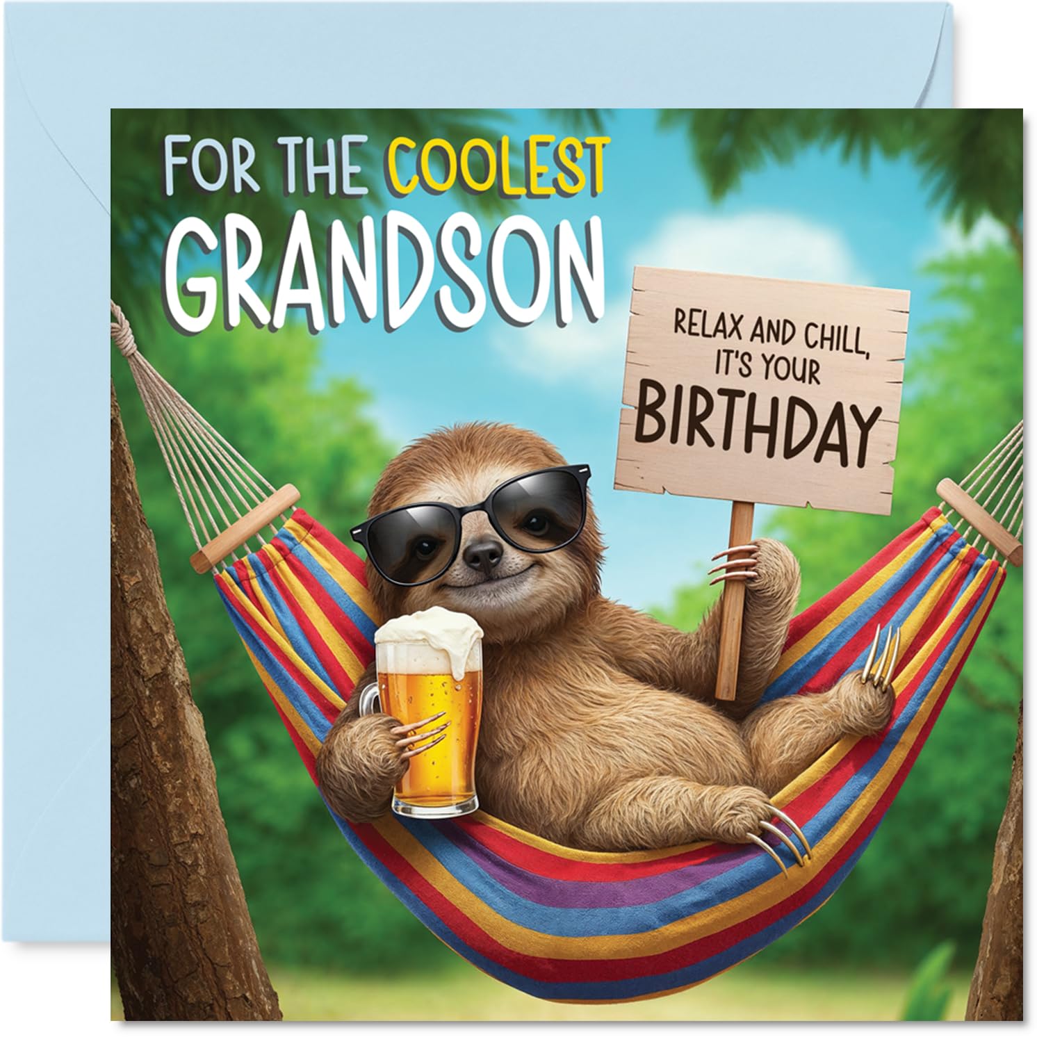 Stuff4 Grandson Birthday Card - Chilled Out Sloth Design | 145mm x 145mm