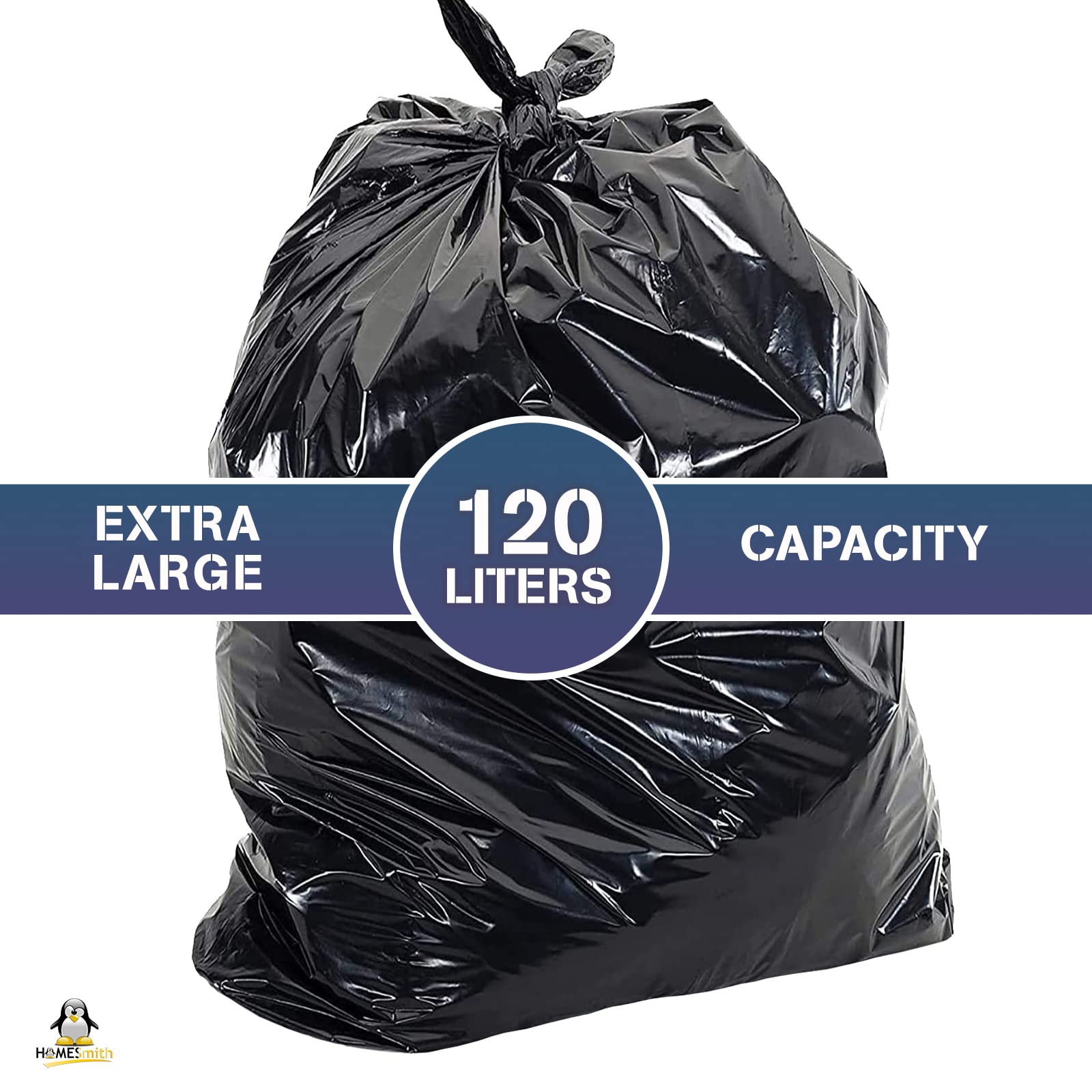HomeSmith Extra Large & Extra Heavy Duty Refuse Sacks - 120L Capacity, 50 Count, Black