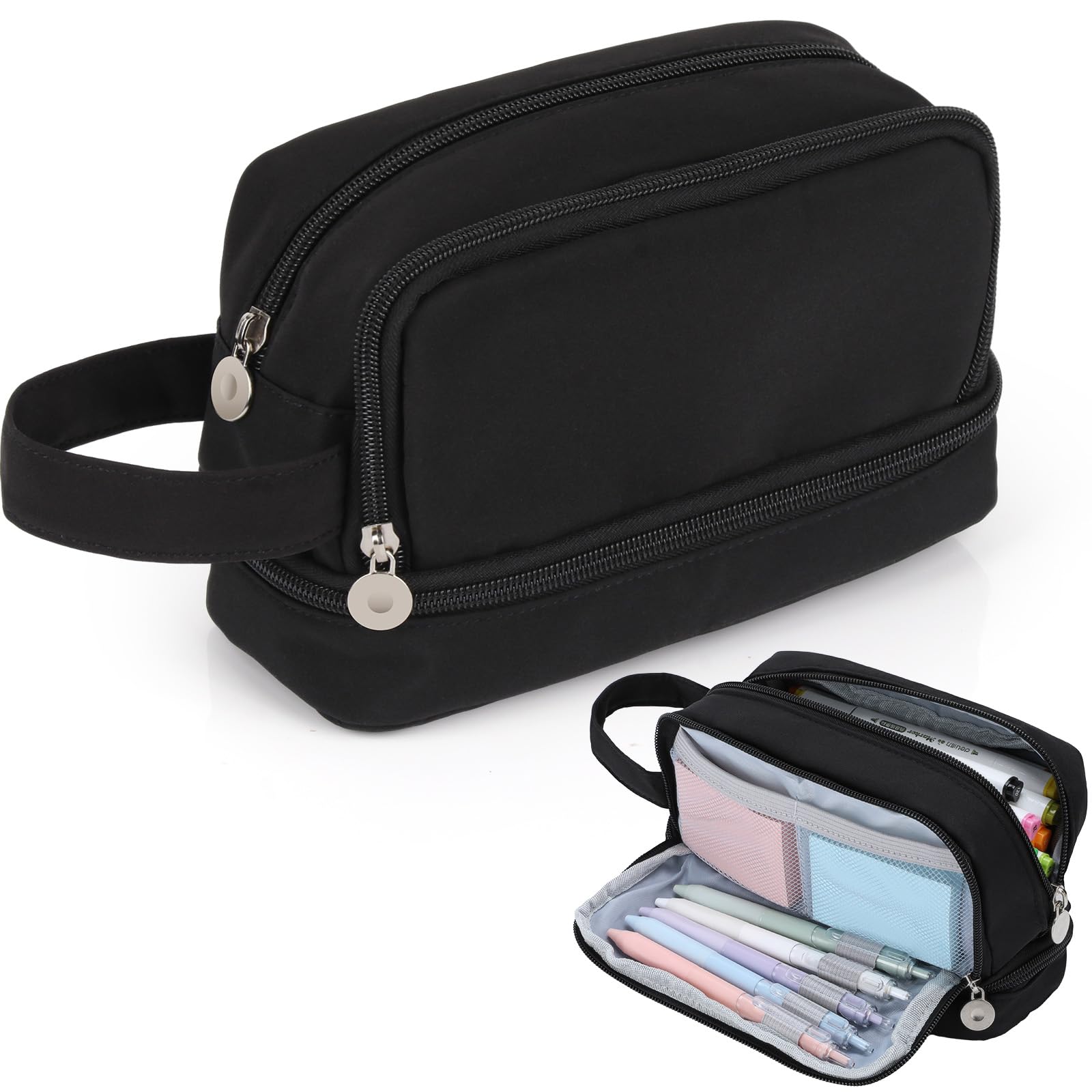 Alyvisun Large Pencil Case - Durable Canvas, 3 Compartments | Updated Black 1