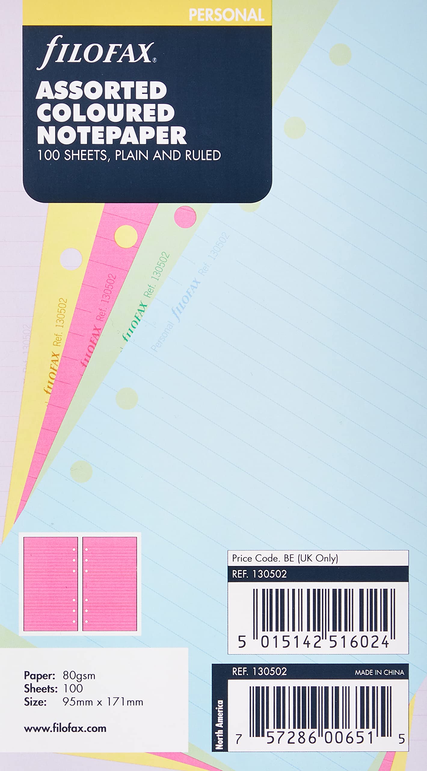 Filofax Personal Assorted Coloured Notepaper Plain and Ruled Value Pack 1
