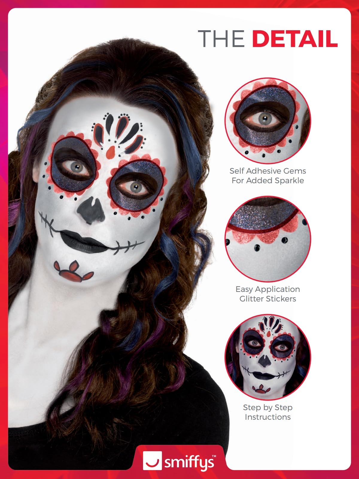 Day of the Dead Make-Up Kit with Face Paints, Face Tattoo, Gem Stickers, Crayon & Applicators 5