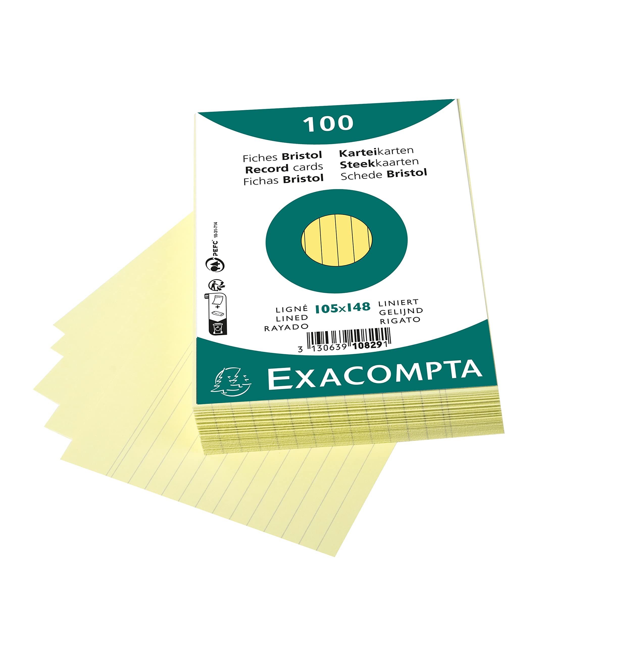 Exacompta Bristol Lined Record Cards Ref 10829SE - A6 Yellow Card Stock | Pack of 100 1
