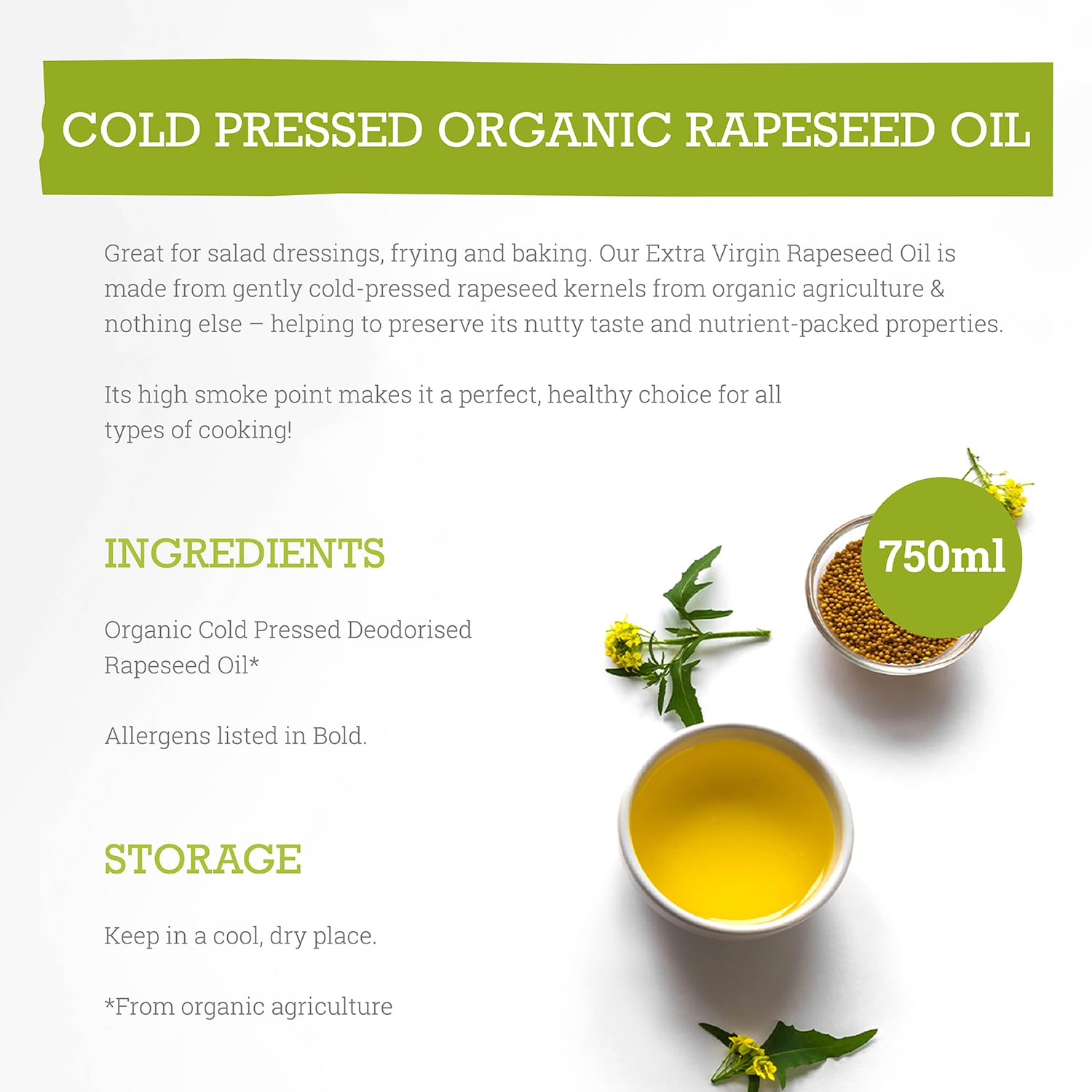 Mr Organic Cold Pressed Rapeseed Oil - Organic, Vegan, High Smoke Point | 750ml