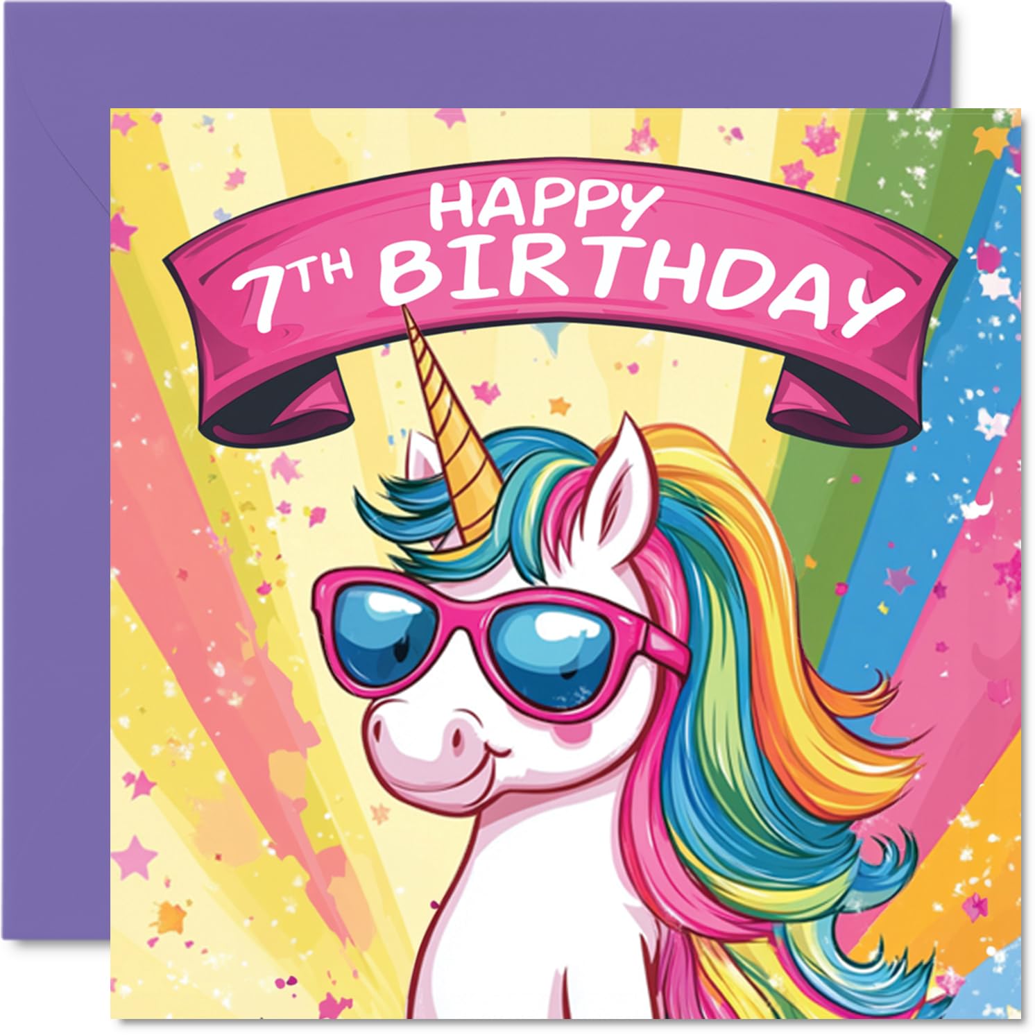 Stuff4 Girls 7th Birthday Card - Cool Unicorn Sunglasses Design | 145mm Square | 300gsm Gloss Board 1