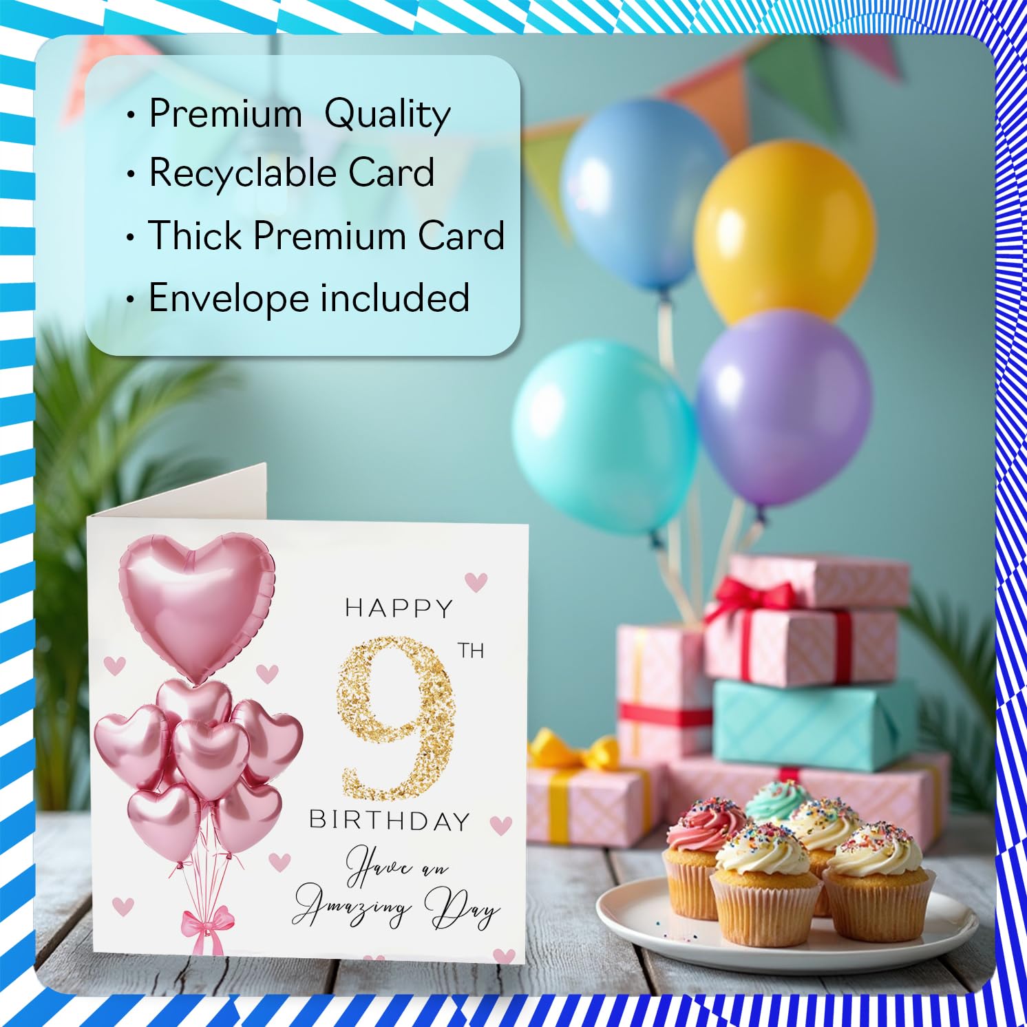 Stuff4 9th Birthday Card for Girls - Pink Glitter Balloons | 145mm Square | Blank Inside 3
