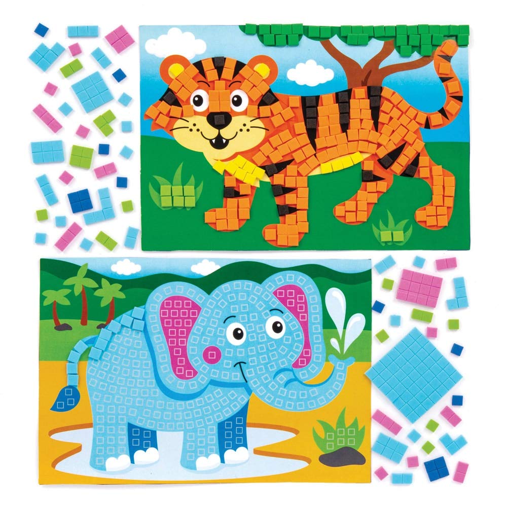 Baker Ross Jungle Animal Mosaic Kits - Pack of 4 | Self-Adhesive Foam Mosaics | 3D Texture