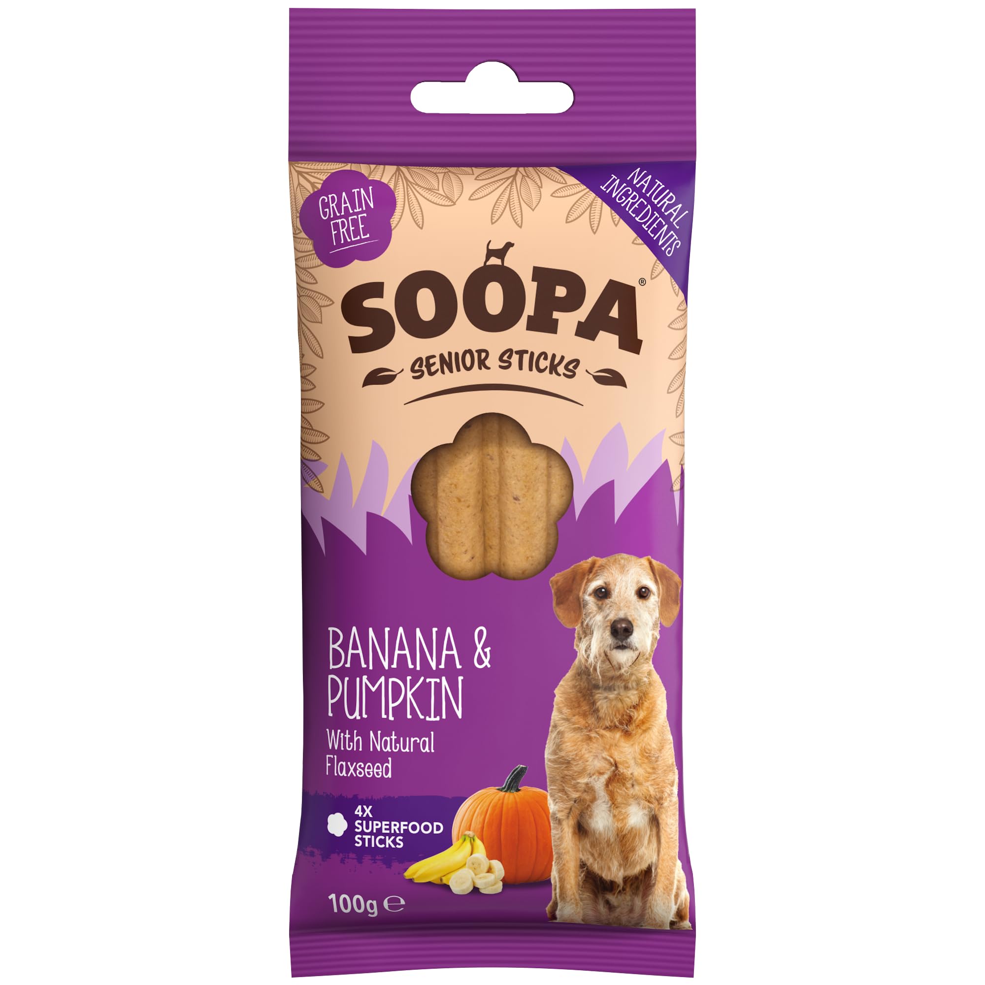 Soopa Senior Banana Pumpkin and Flaxseed Dental Sticks - 100g | Low Fat | Vegan