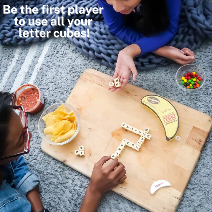 BANANAGRAMS Duel Word Game for Two Players with 24 Letter Dice and Banana-Themed Challenge Cards