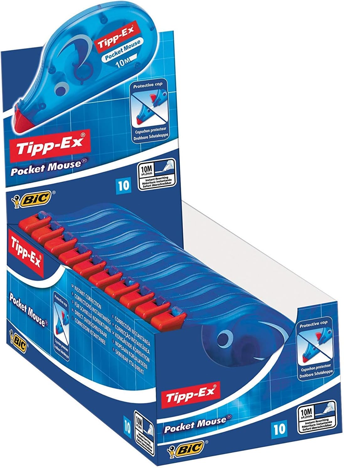 Bic Tipp-Ex Pocket Mouse Correction Tapes, Box of 10 - with 10M-Long of Extra Tear-Resistant Plastic Tape, White