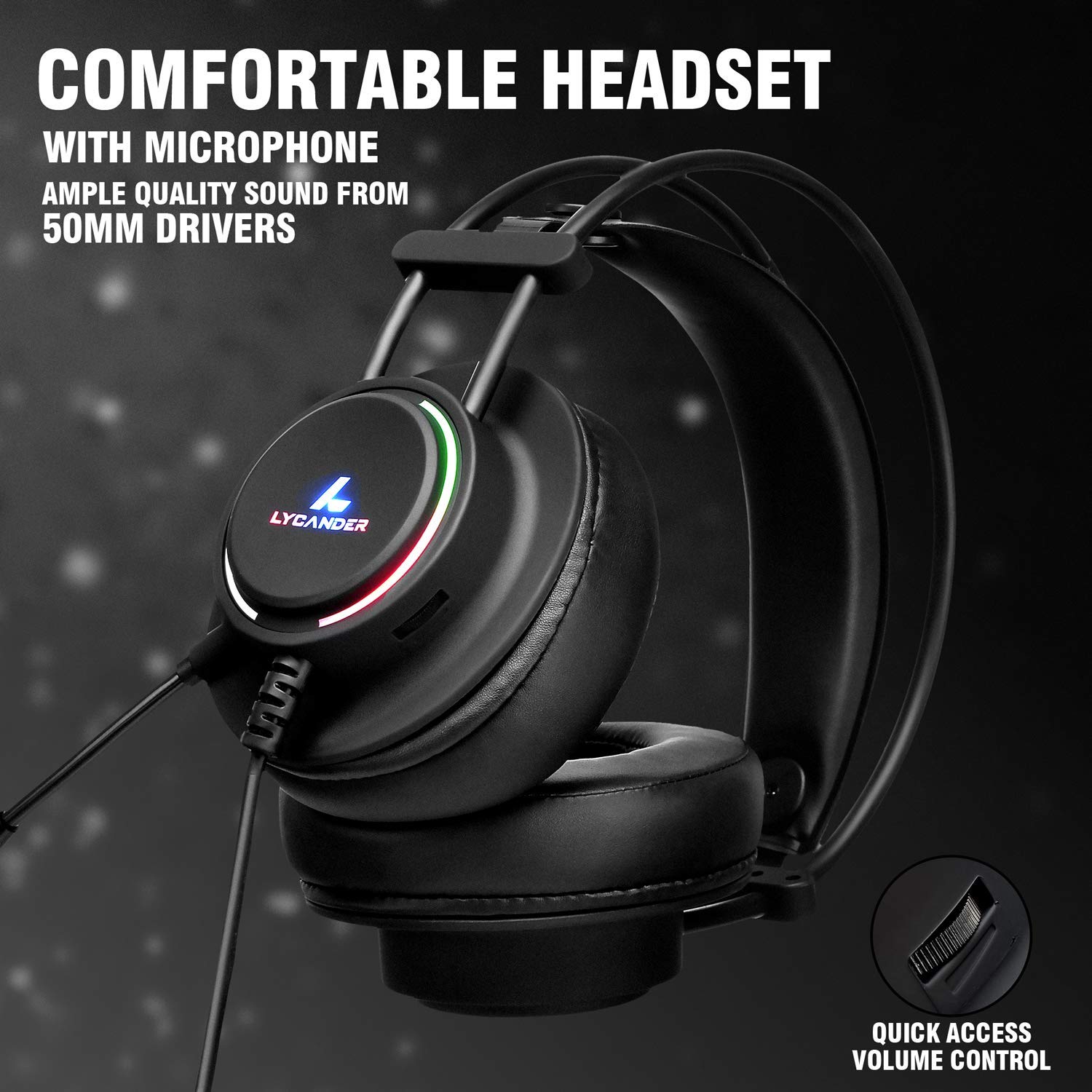 LYCANDER LGH-569 Gaming Headset with Microphone, 50mm Drivers, LED Light, 3.5mm for PC, PS, Xbox, Switch