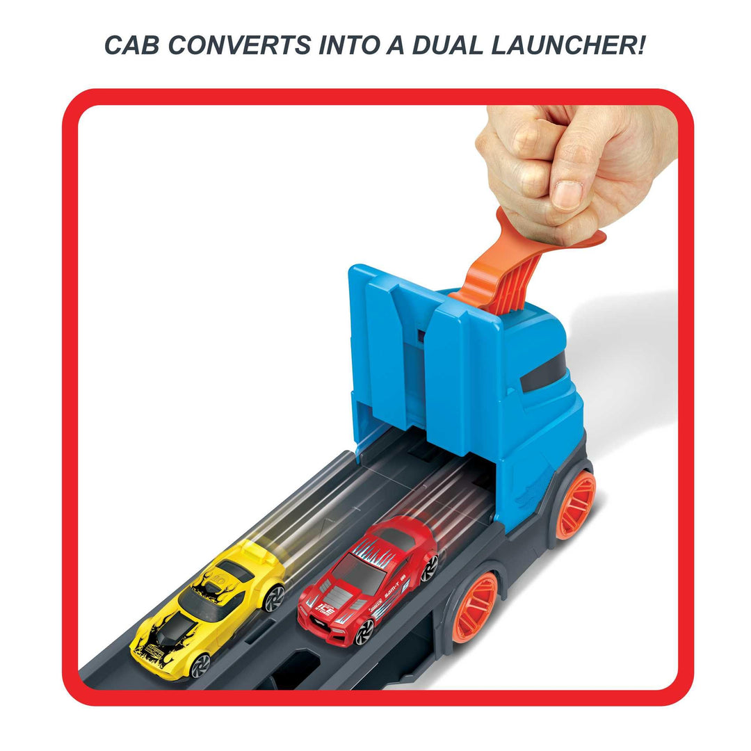 Hot Wheels Speedway Hauler - 3-in-1 Storage Carrier with 6-Foot Drag Race Track & 3 Cars for Kids 4-8 Years