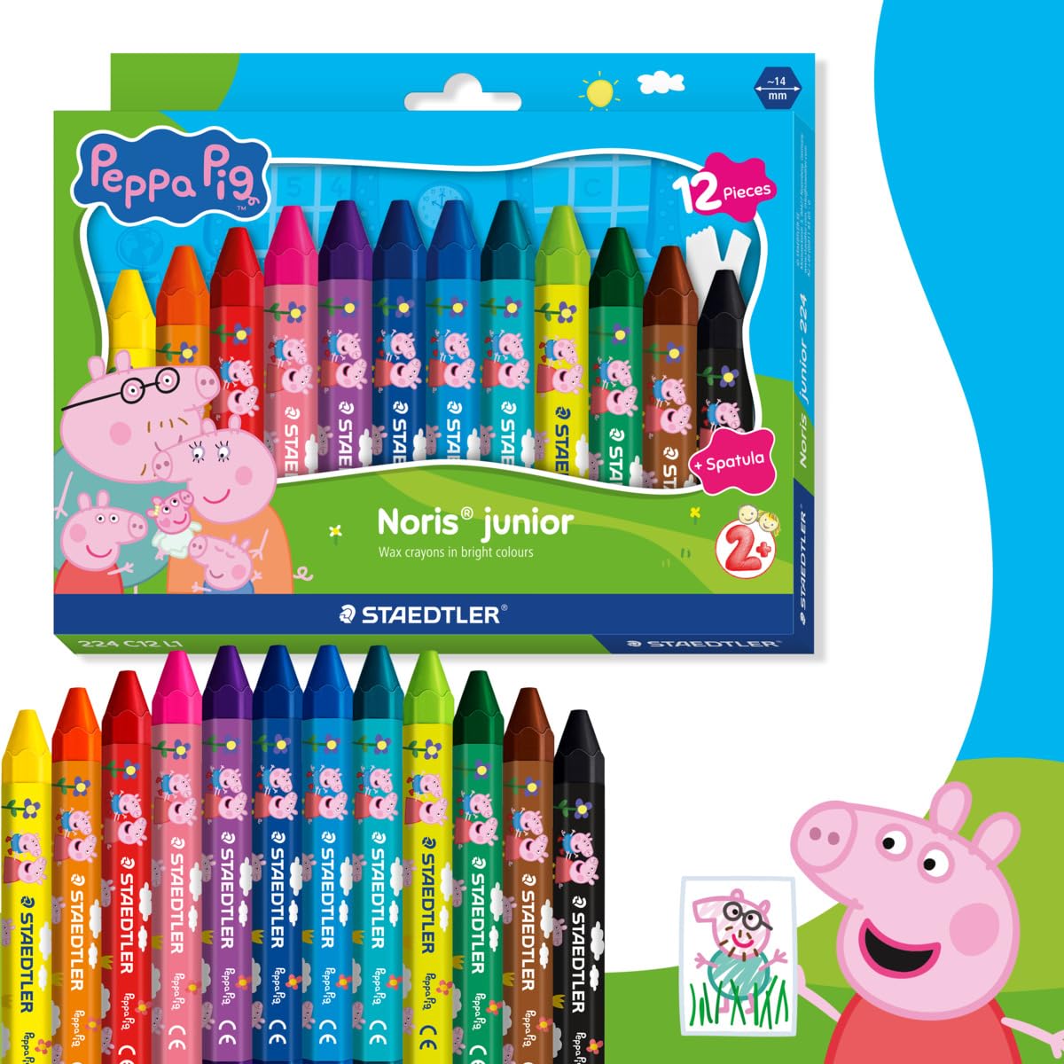 STAEDTLER Peppa Pig Noris Junior Jumbo Wax Crayons - Ergonomic Hexagonal Shape | 12 Assorted Colors