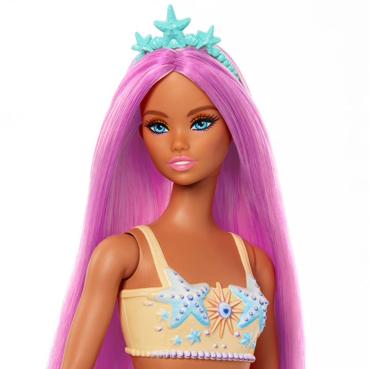 Barbie Mermaid Doll with Pink Fantasy Hair and Headband Accessory, Toy with Starfish-Inspired Bodice and Soft Orange Tail, HRR05