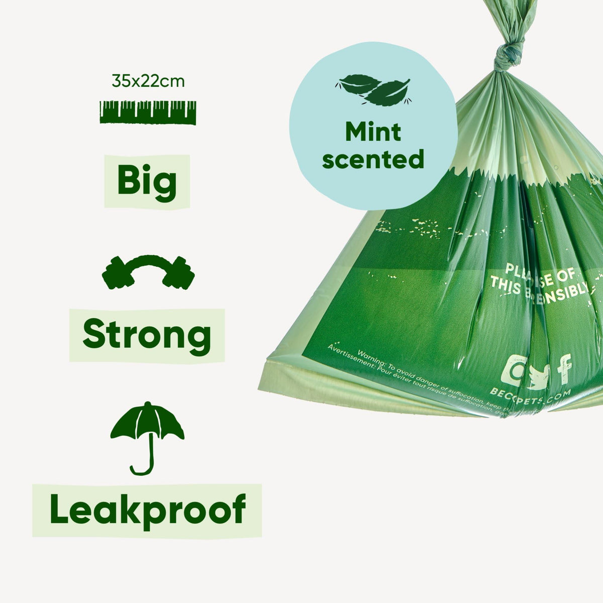 Beco Dog Poo Bags - 120 Mint-Scented Bags, 33 x 22 cm, 8 Rolls
