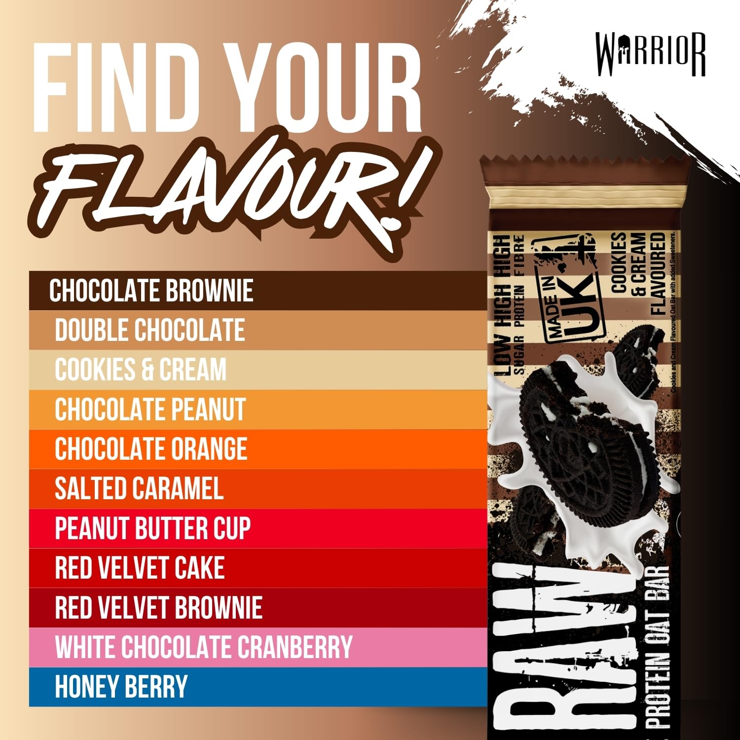 Warrior Raw Protein Bars - 12 x 75g Cookies & Cream High Protein Oat Flapjacks - Low Sugar, High Fibre - UK Made 5