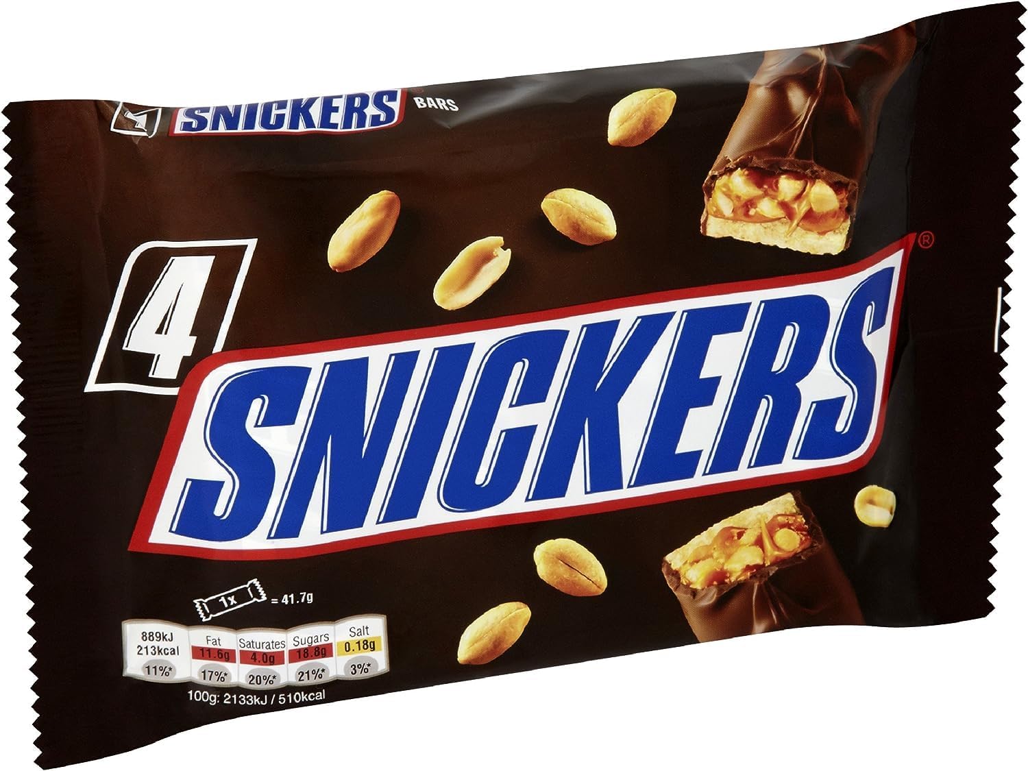 Snickers Chocolate Bars Multipack, 4 Pack of Milk Chocolate Snacks with Peanuts, Caramel & Nougat 8