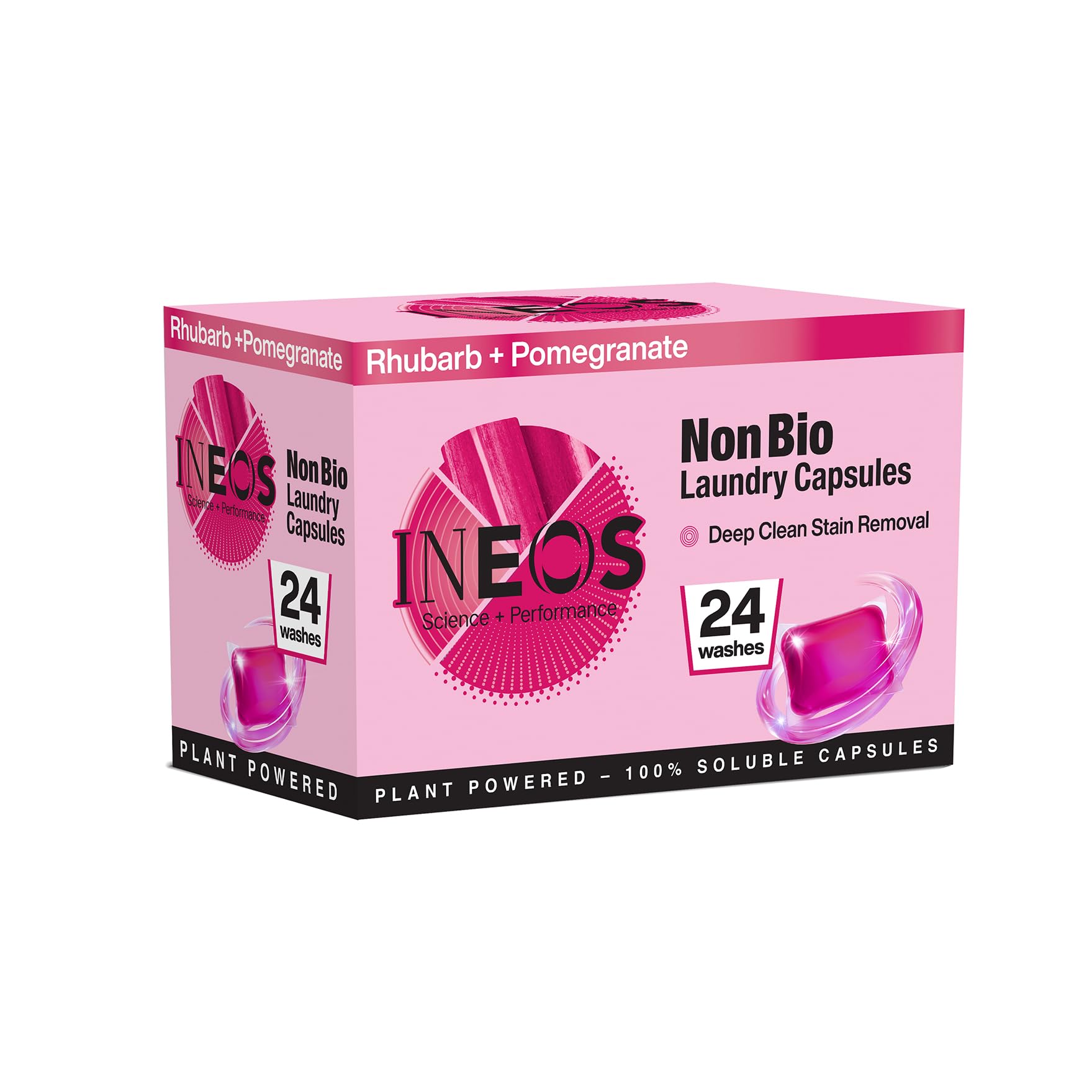 INEOS Hygienics Non Bio Laundry Capsules - 24 Washes, Rhubarb & Pomegranate Scent | Stain Remover