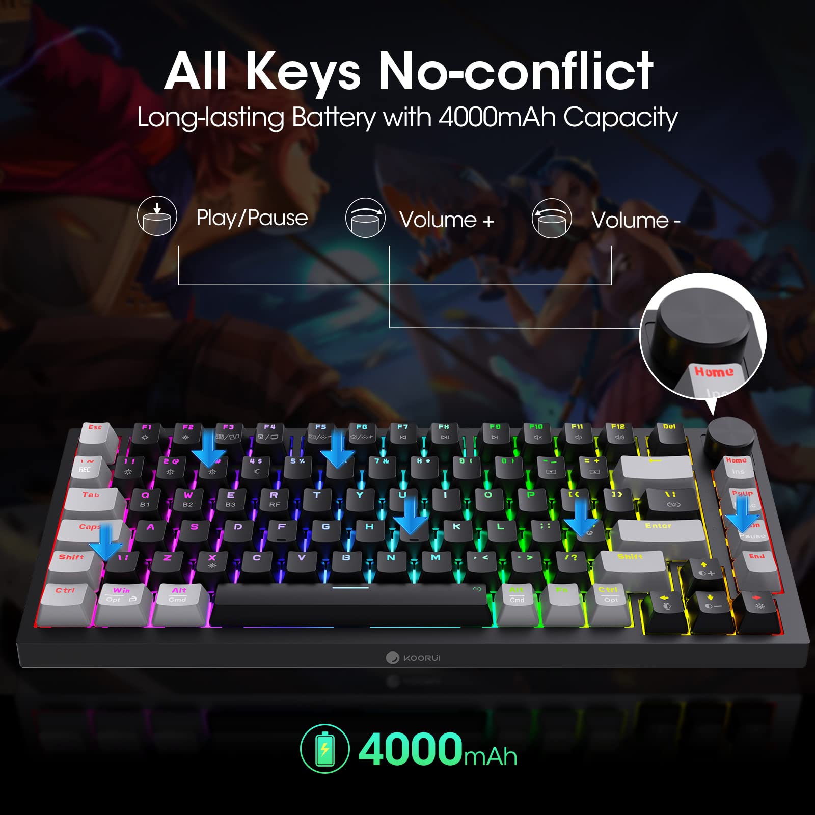 KOORUI MK082 82-Key Mechanical Gaming Keyboard - RGB Backlit, Wireless/Wired, 3-Mode Connectivity 10