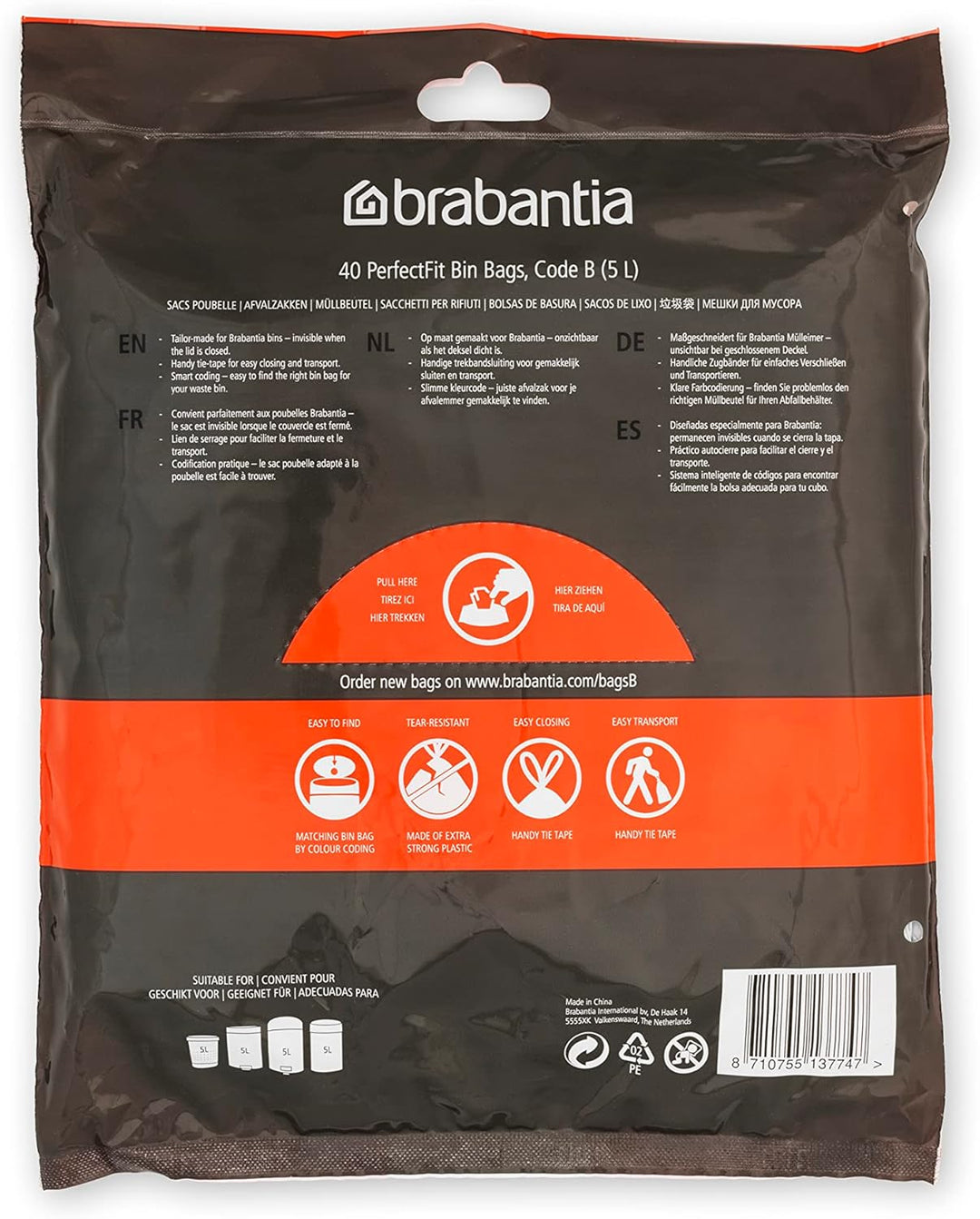 Brabantia - PerfectFit Bin Liners (Size B/5 Litre) Thick Plastic Trash Bags with Tie-Tape