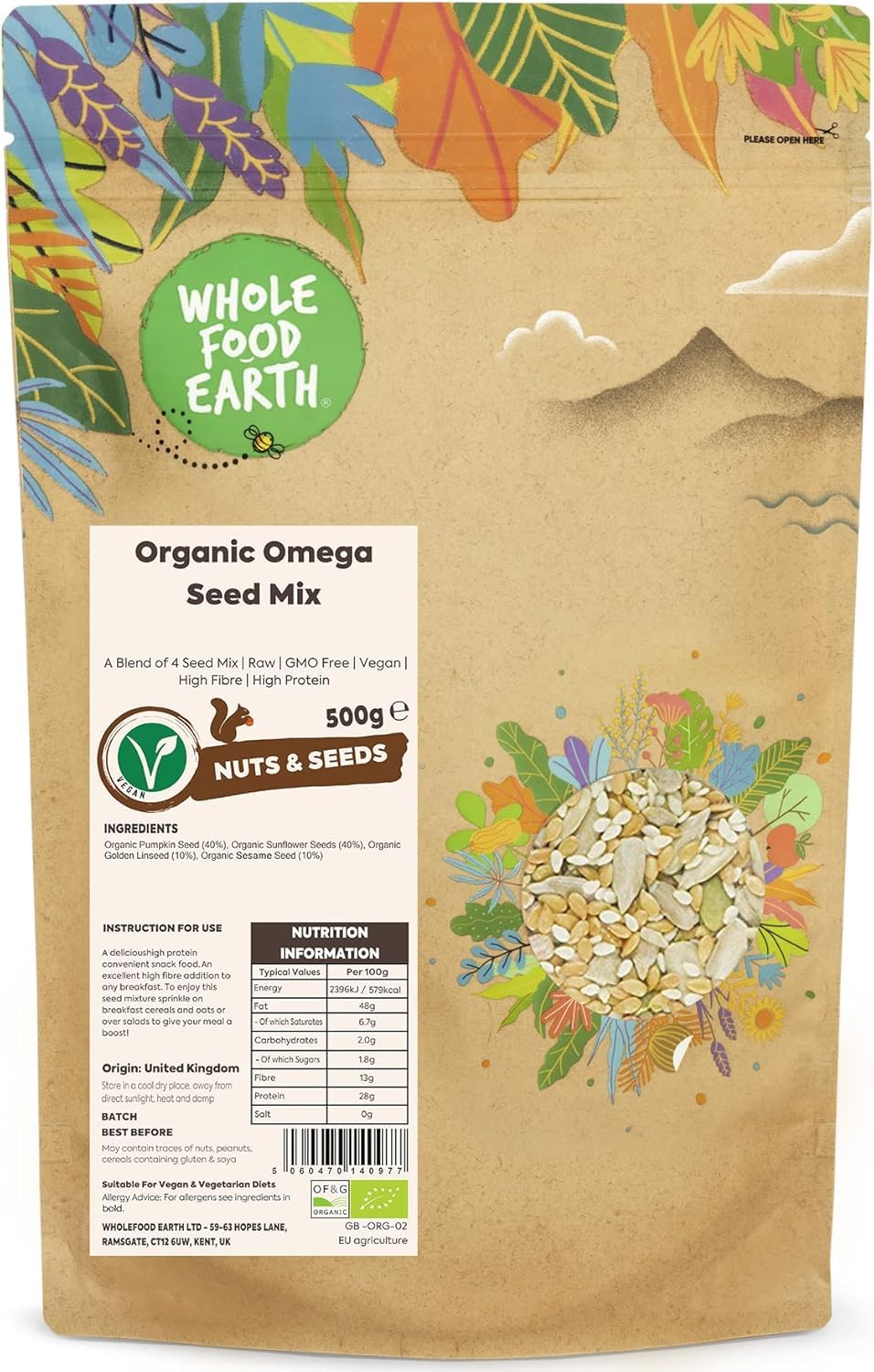 Wholefood Earth Organic Omega Seed Mix - 500g | High Protein & Fiber | Raw, GMO Free