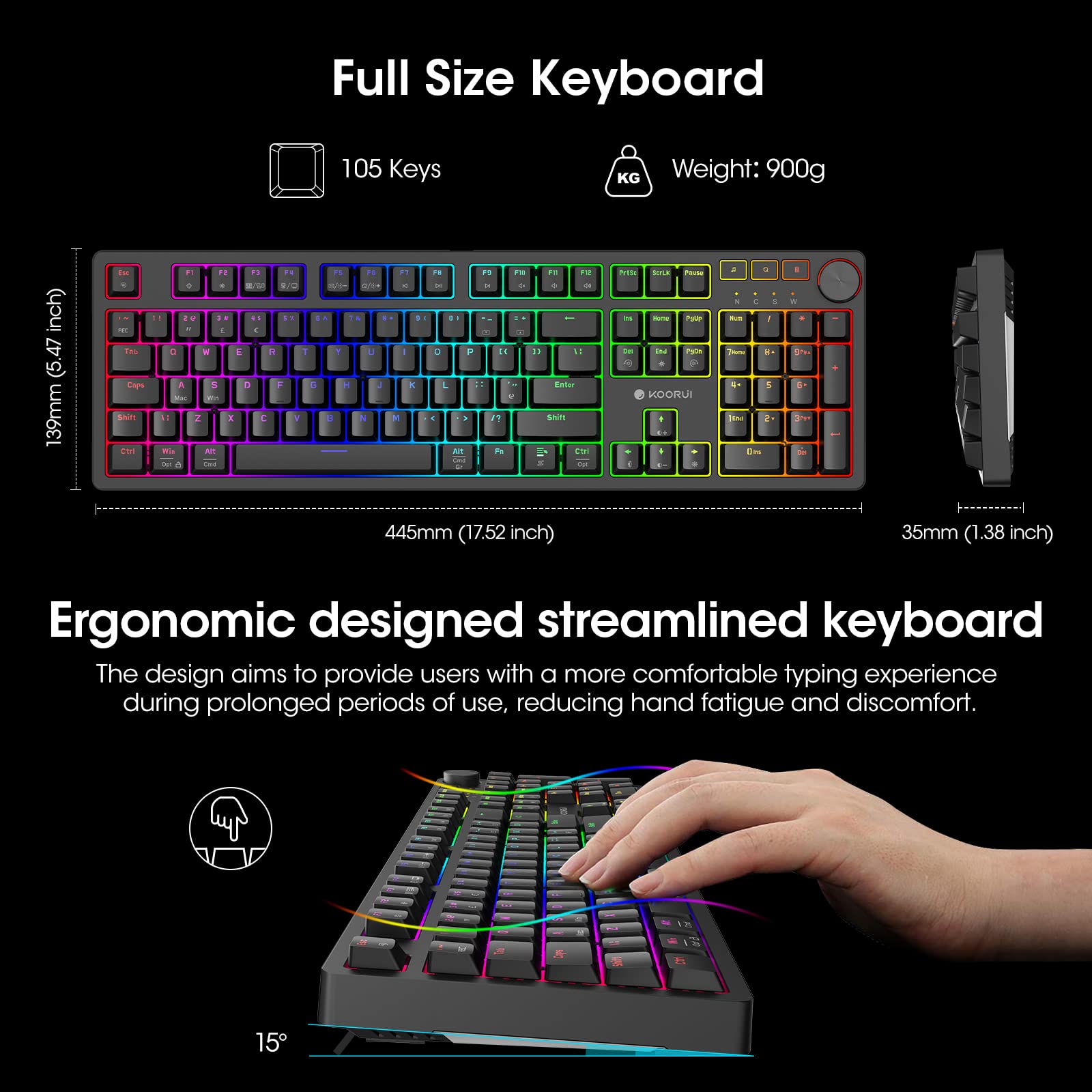 KOORUI MK104-BROWN Mechanical Gaming Keyboard – 104 Keys, 26 RGB Backlighting Effects, Pluggable Brown Switches, Anti-Ghosting, Wired for PC & Mac