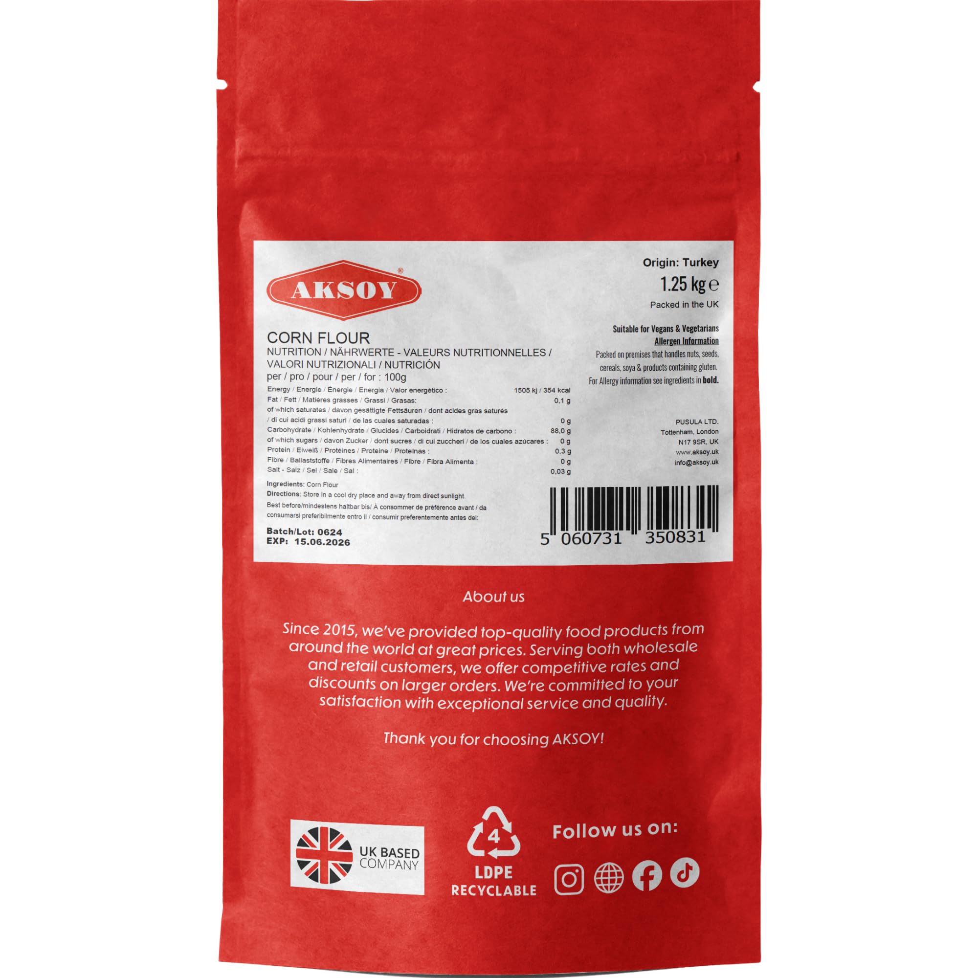 Aksoy Corn Flour 1.25KG - High Quality Resealable Pouch 8