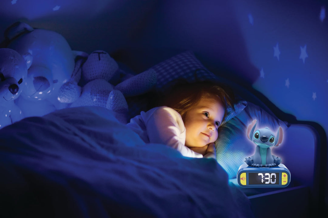 Lexibook Disney Stitch Nightlight Alarm Clock with Sounds and LCD Backlit Screen - Blue