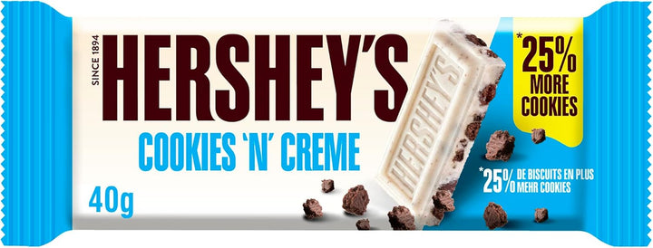 Hershey's Cookies 'n' Crème White Chocolate Flavour Bar with Cookie Pieces – Pack of 24 (40g Each)
