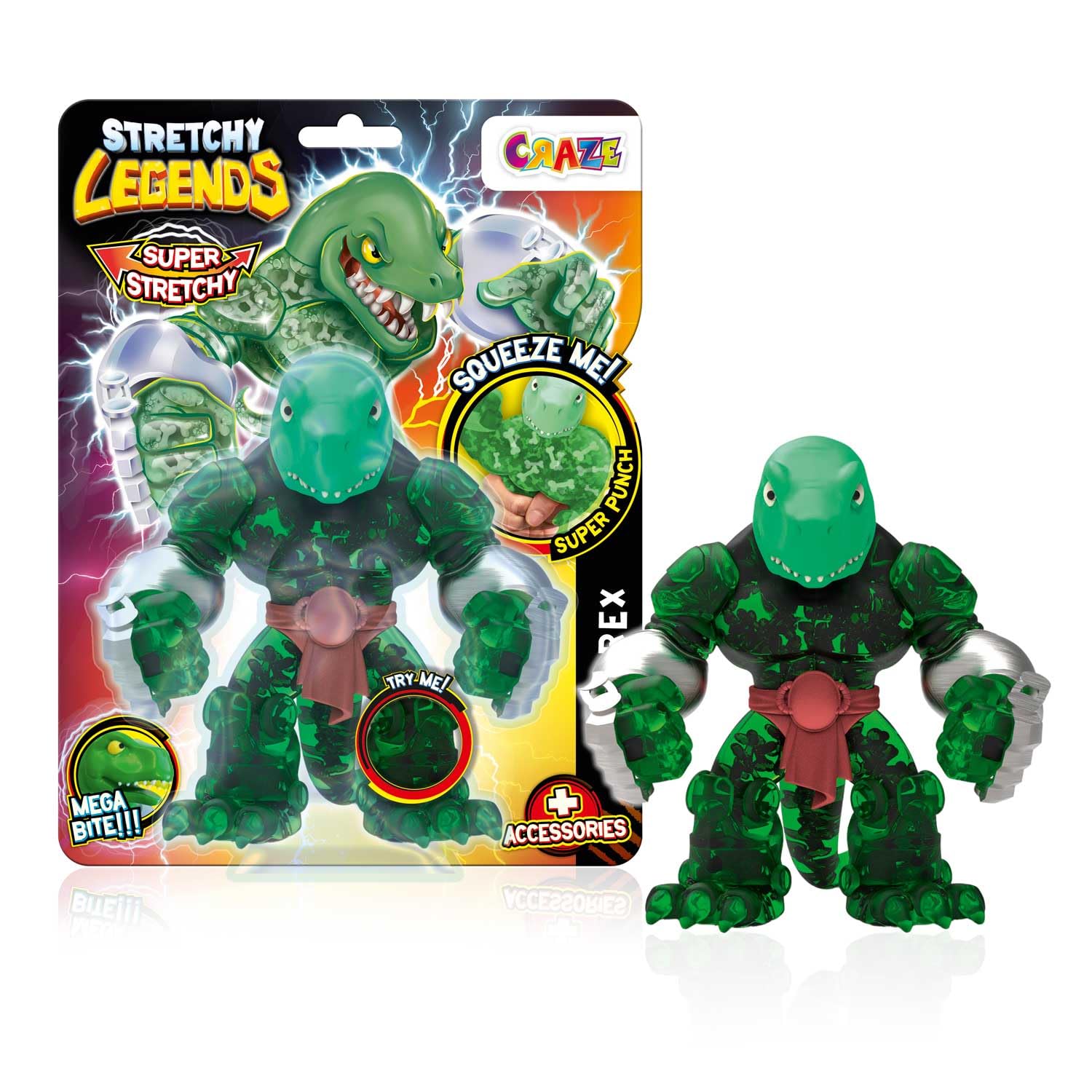 STRETCHY LEGENDS Megarex Stretchy Action Figure – Neon Slime Filled Dinosaur with Movable Jaw & 3 Accessories