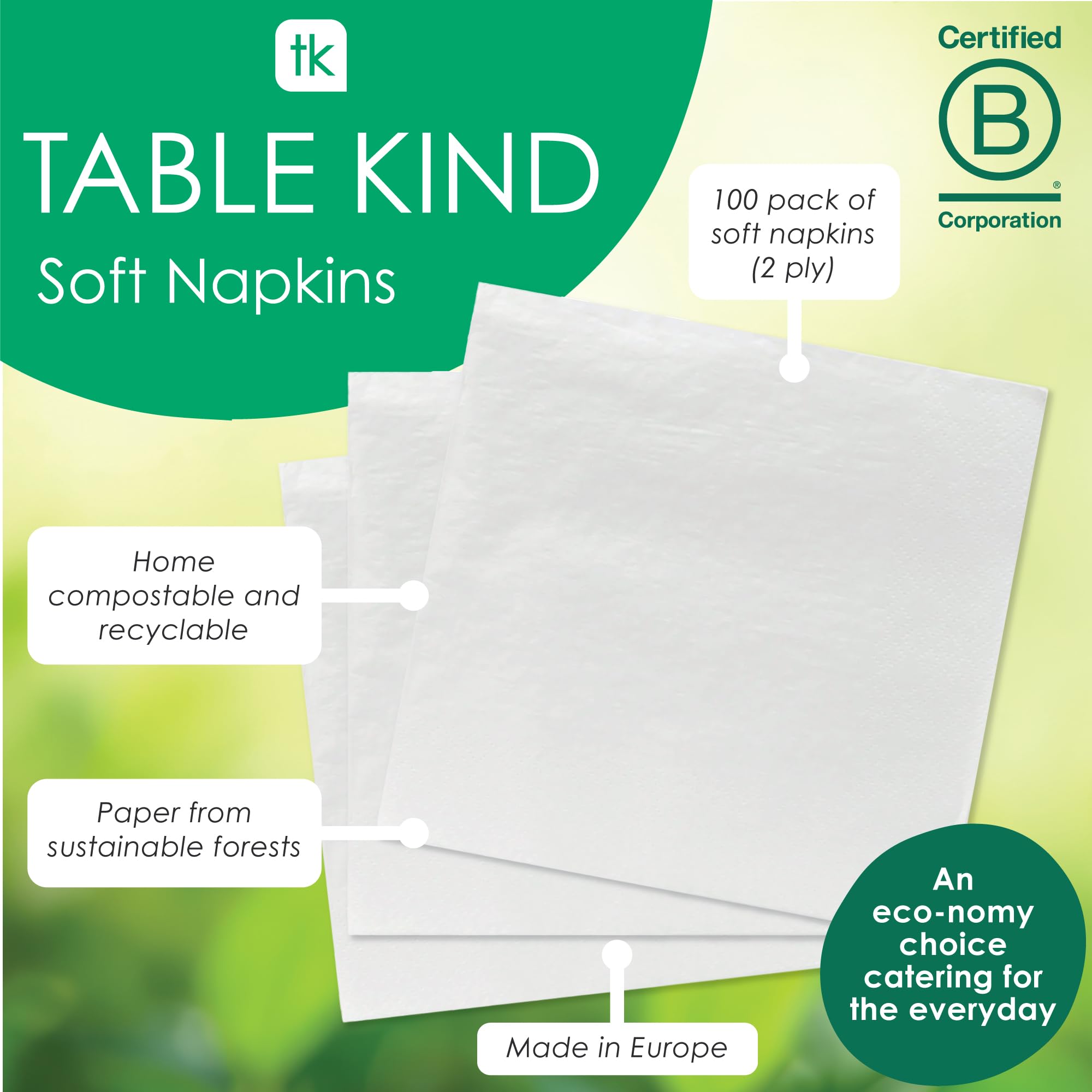 Talking Tables Table Kind Soft White Napkins - 100 Pack Bulk | 2-Ply 33cm | Home Compostable & Recyclable 5