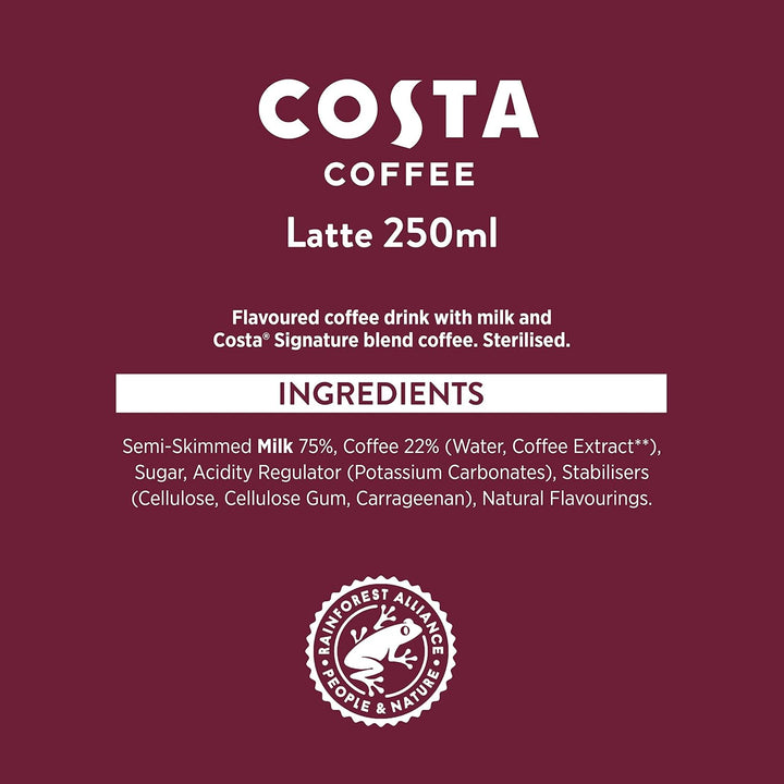 Costa Coffee Latte 4 x 250 ml - Creamy Ready-to-Drink Coffee with Mocha Italia Blend