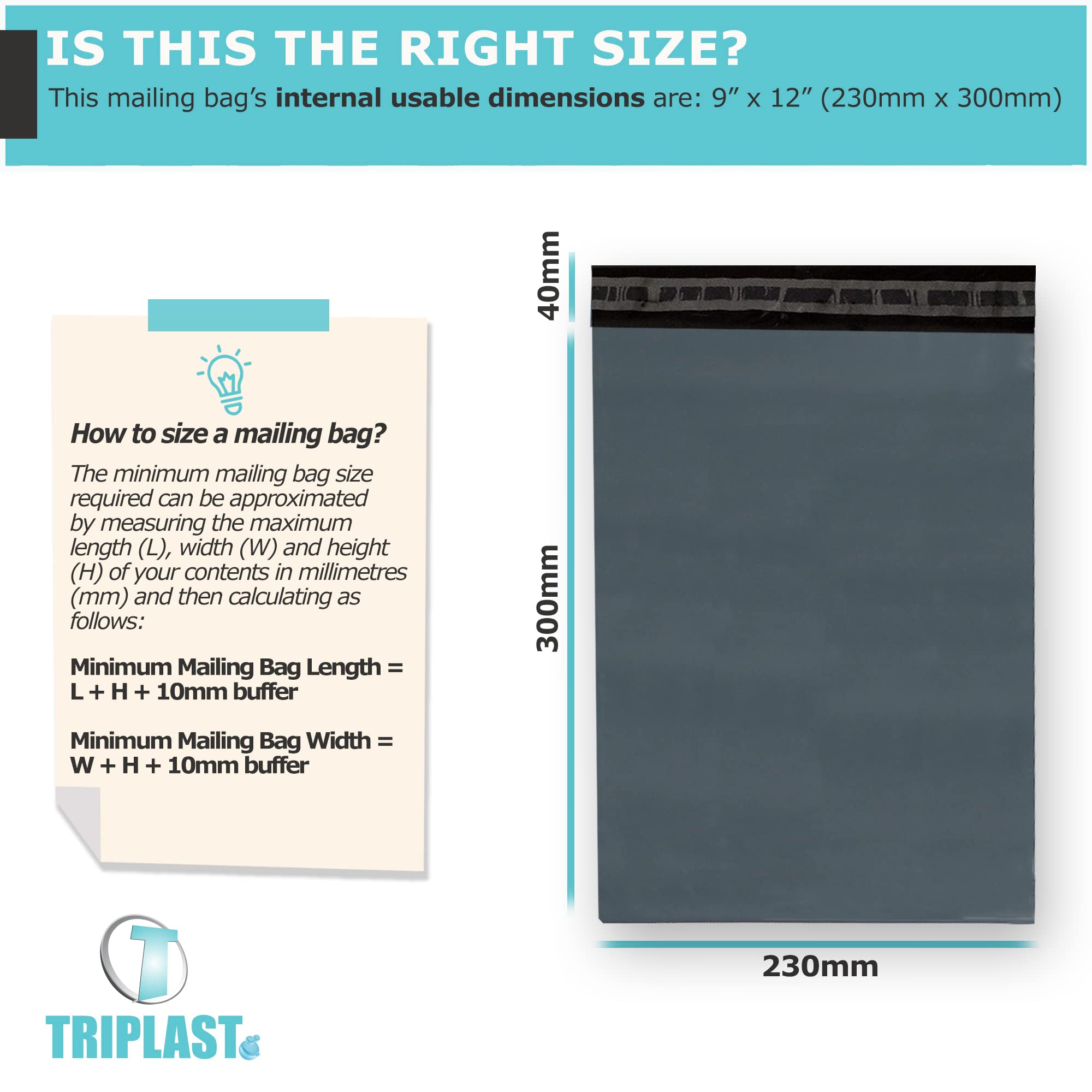 Triplast Plastic Mailing Postal Bags - 9 x 12 Inch Grey, Puncture Resistant | Pack of 100 2
