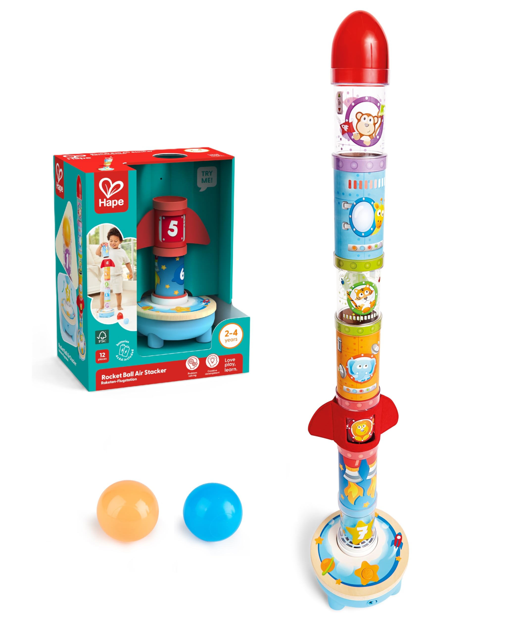 Hape Air-Powered Rocket Stacker Ball Launcher Playset | Ages 24 Months+ | Wood
