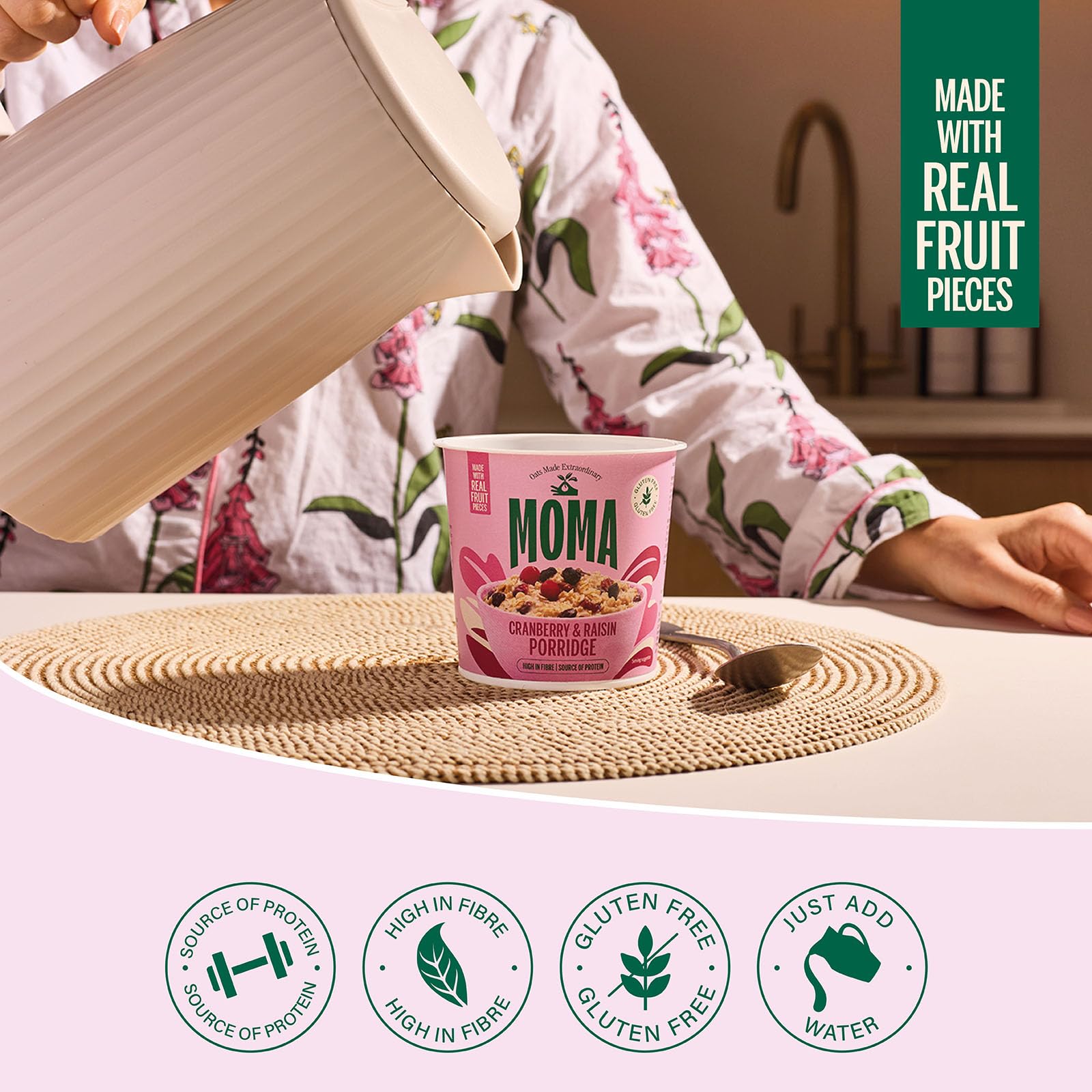 MOMA Instant Porridge Pots Cranberry & Raisin - 70g - Gluten Free, High Fibre, Source of Protein, Rich in Vitamin B6 4