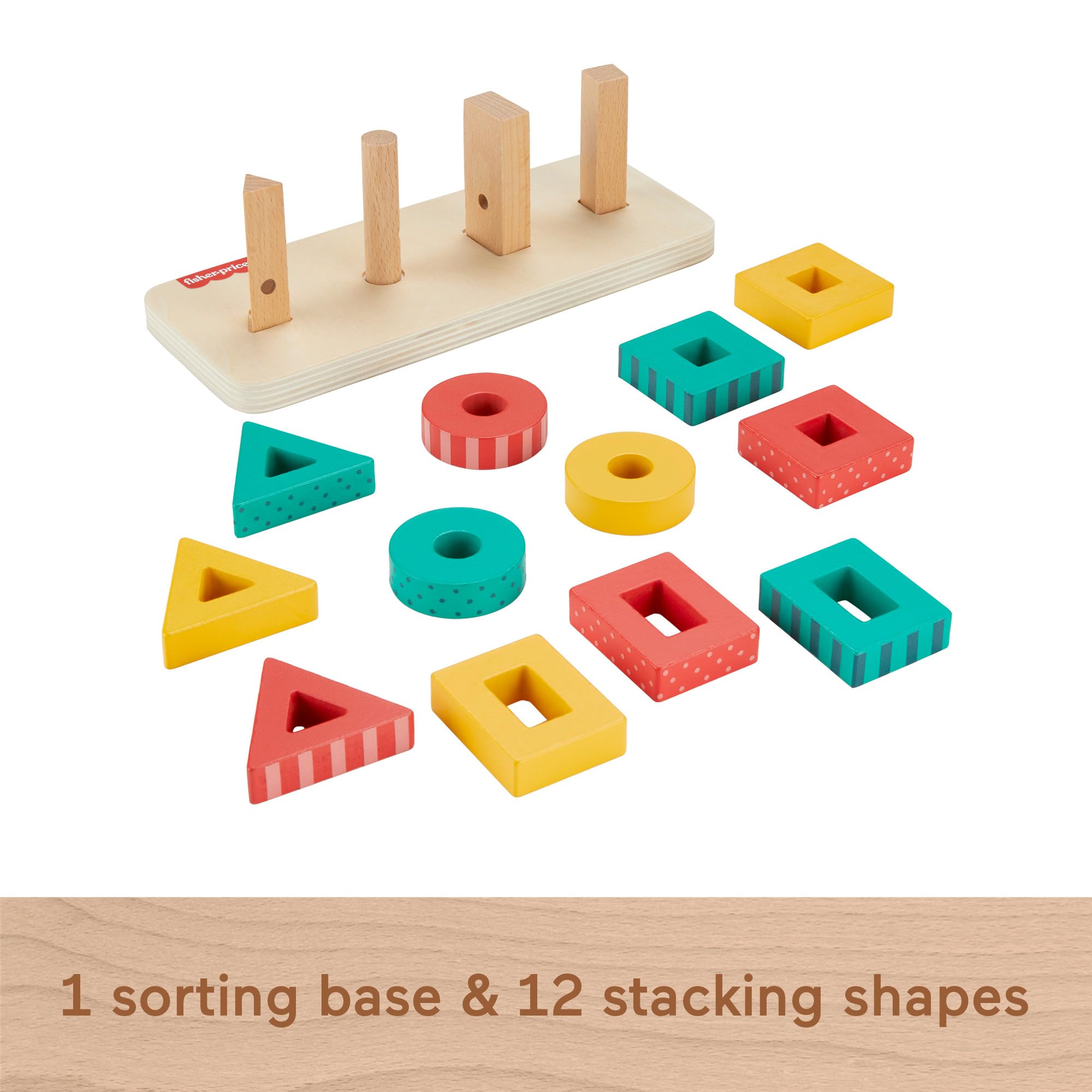 Fisher-Price Wooden Shape Stacker - Montessori-Style Sorting & Stacking Toy for Toddlers 2+ 4