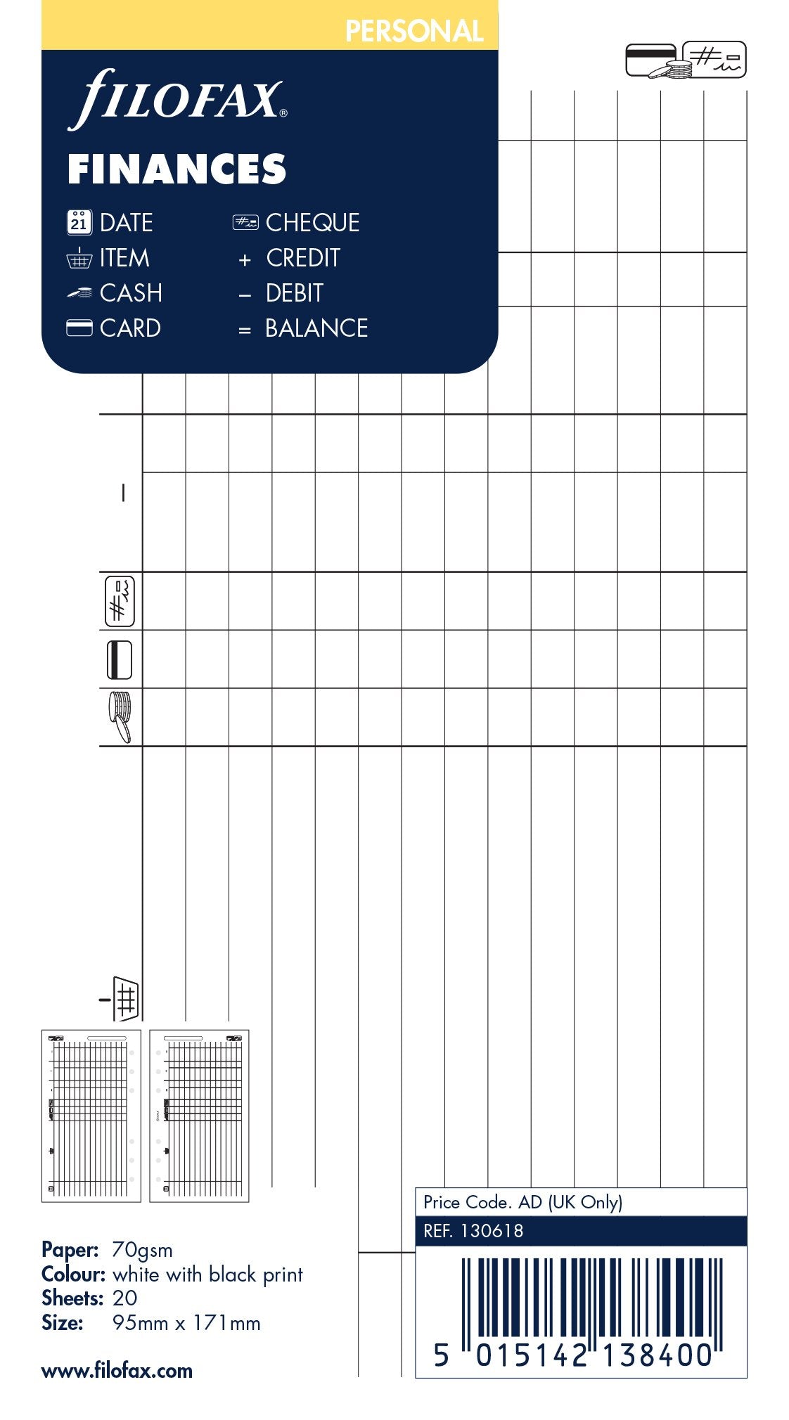 Filofax Personal Finances Refill Pages | Personal Size | White Plastic 1