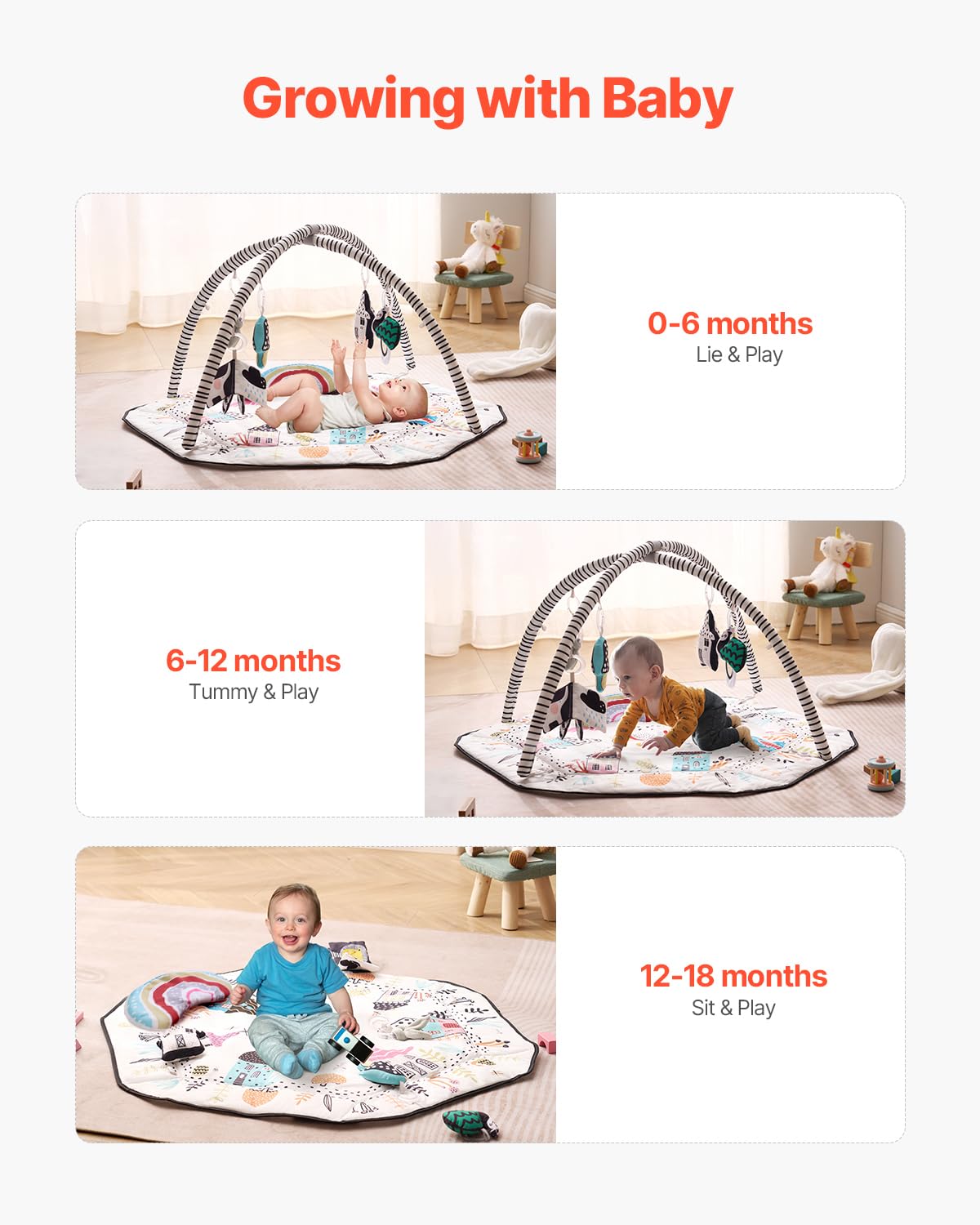 VEVOR Baby Play Gym Mat with 6 Detachable Sensory Toys, 41.7" x 41.7" Tummy Time Mat 11