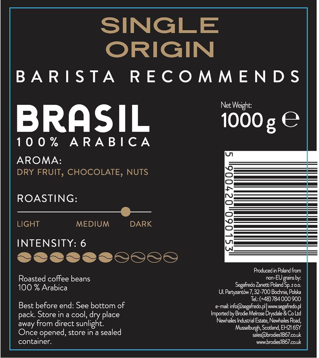 Segafredo Zanetti Single Origin Brasil 100% Arabica Coffee Beans - 1kg